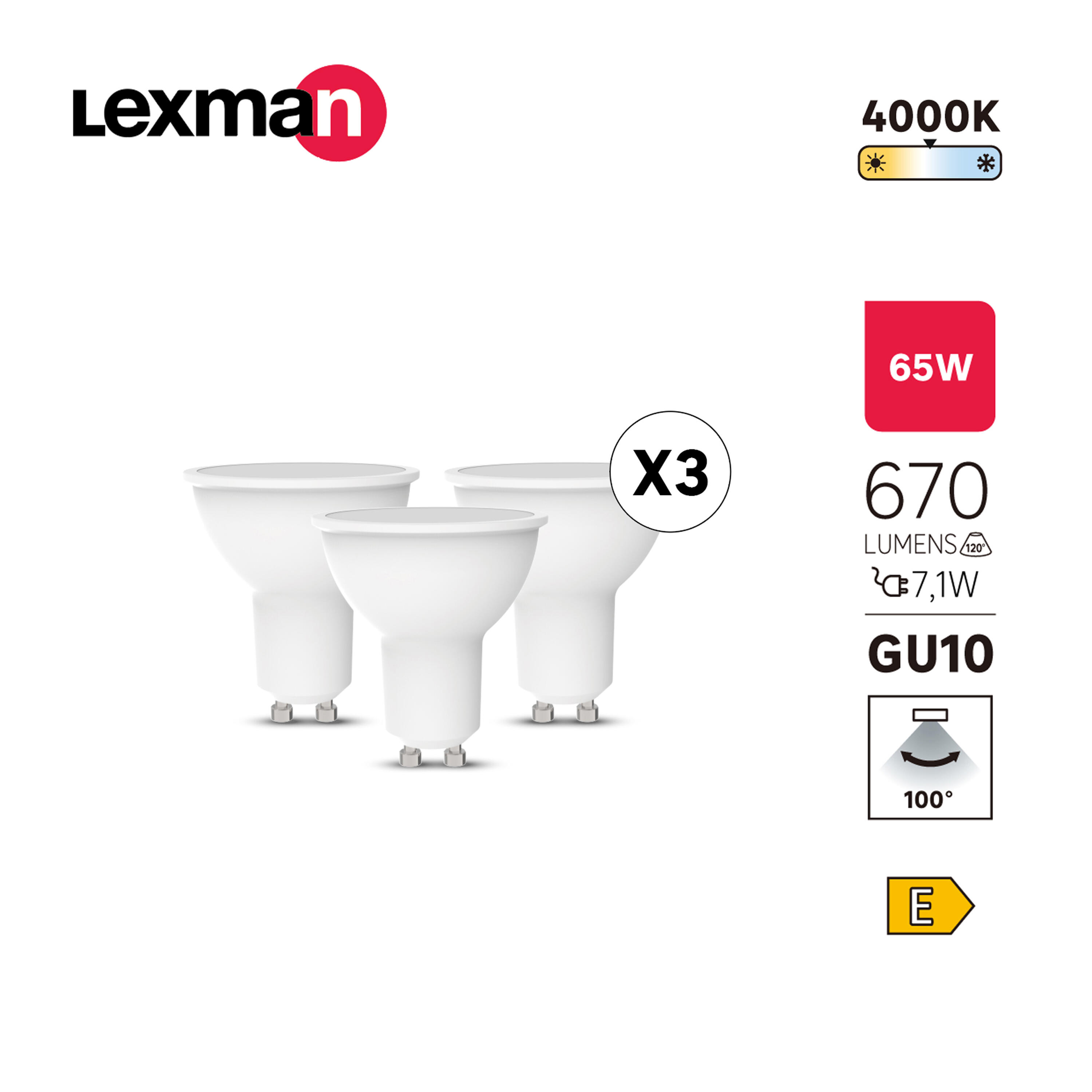 Lot de 3 ampoules led, réflecteur GU10, 100°, 670lm = 65W, blanc neutre, LEXMAN - 3
