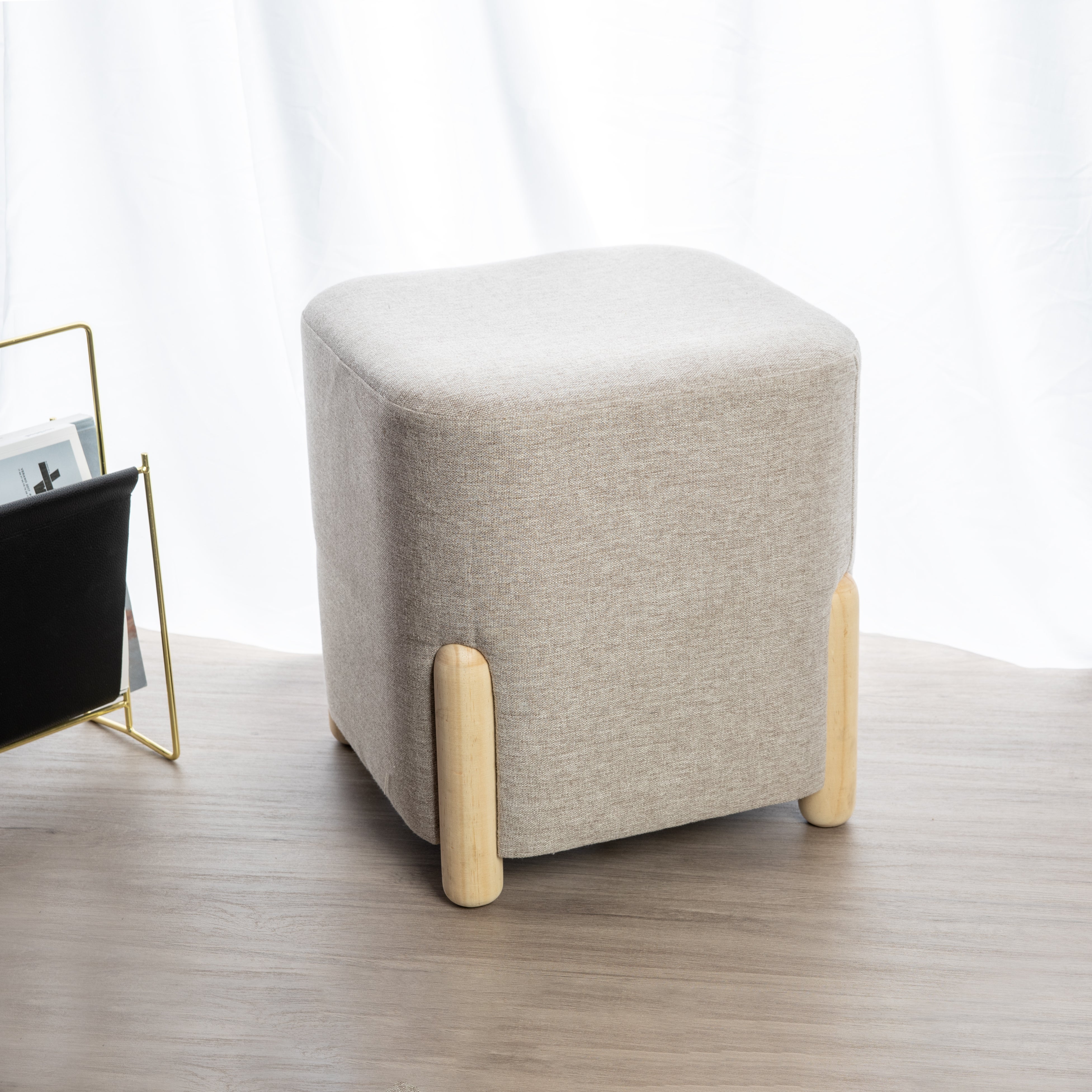 Puff decorativo cuadrado Cubo gris y madera 34x38x34cm - 2