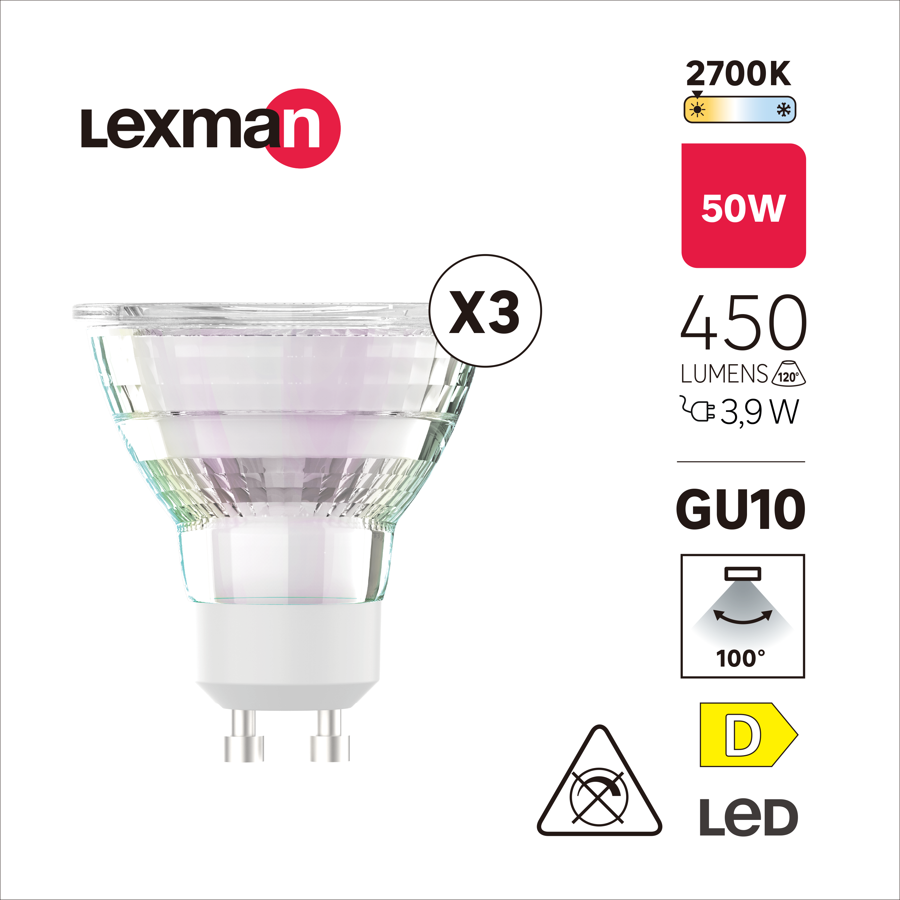 Żarówka LED GU10 3 szt. 3,9 W 450 lm Ciepła biel Lexman - 4
