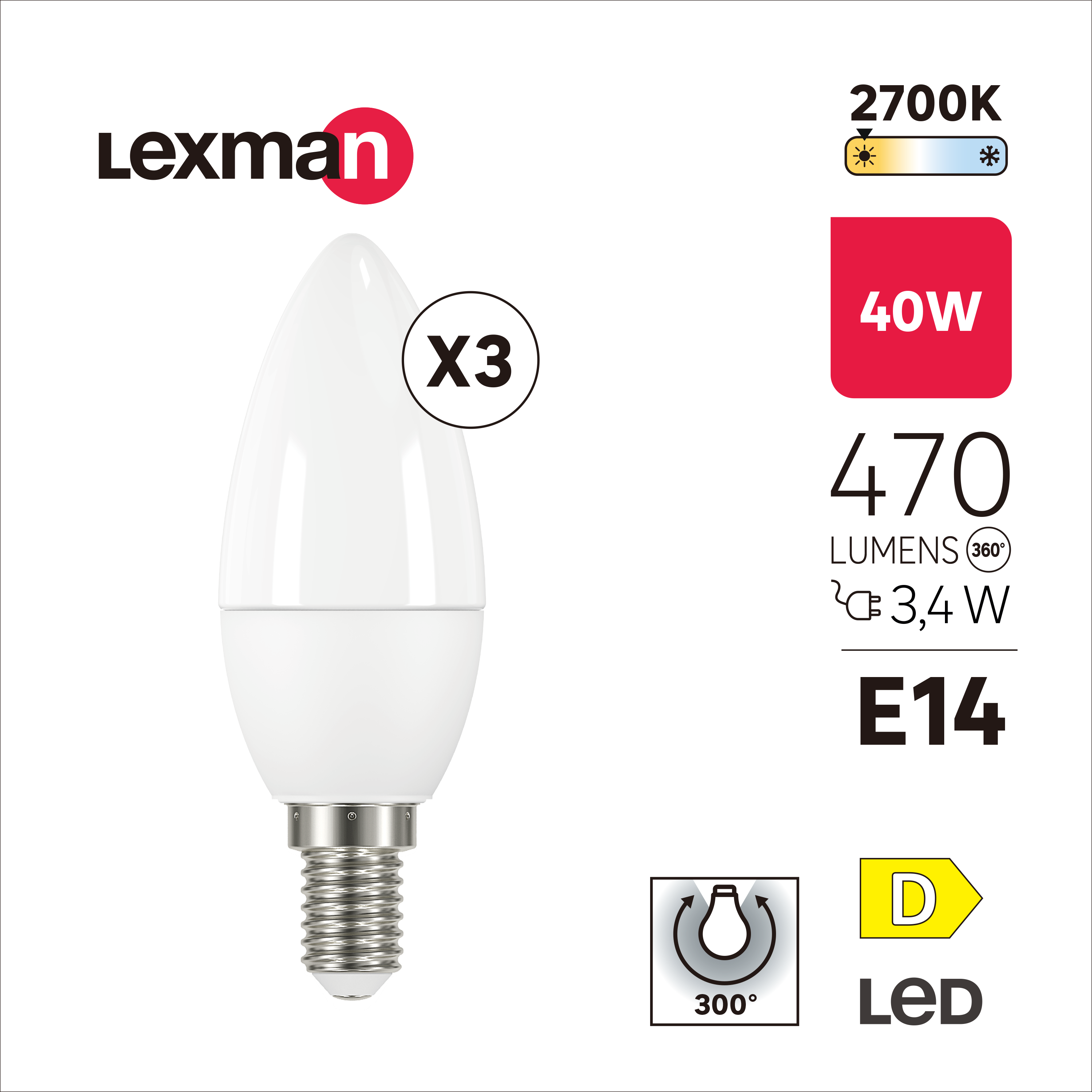 Pack 3 Lâmpada LED VELA C35 E14 470 lm 2700 k - 3