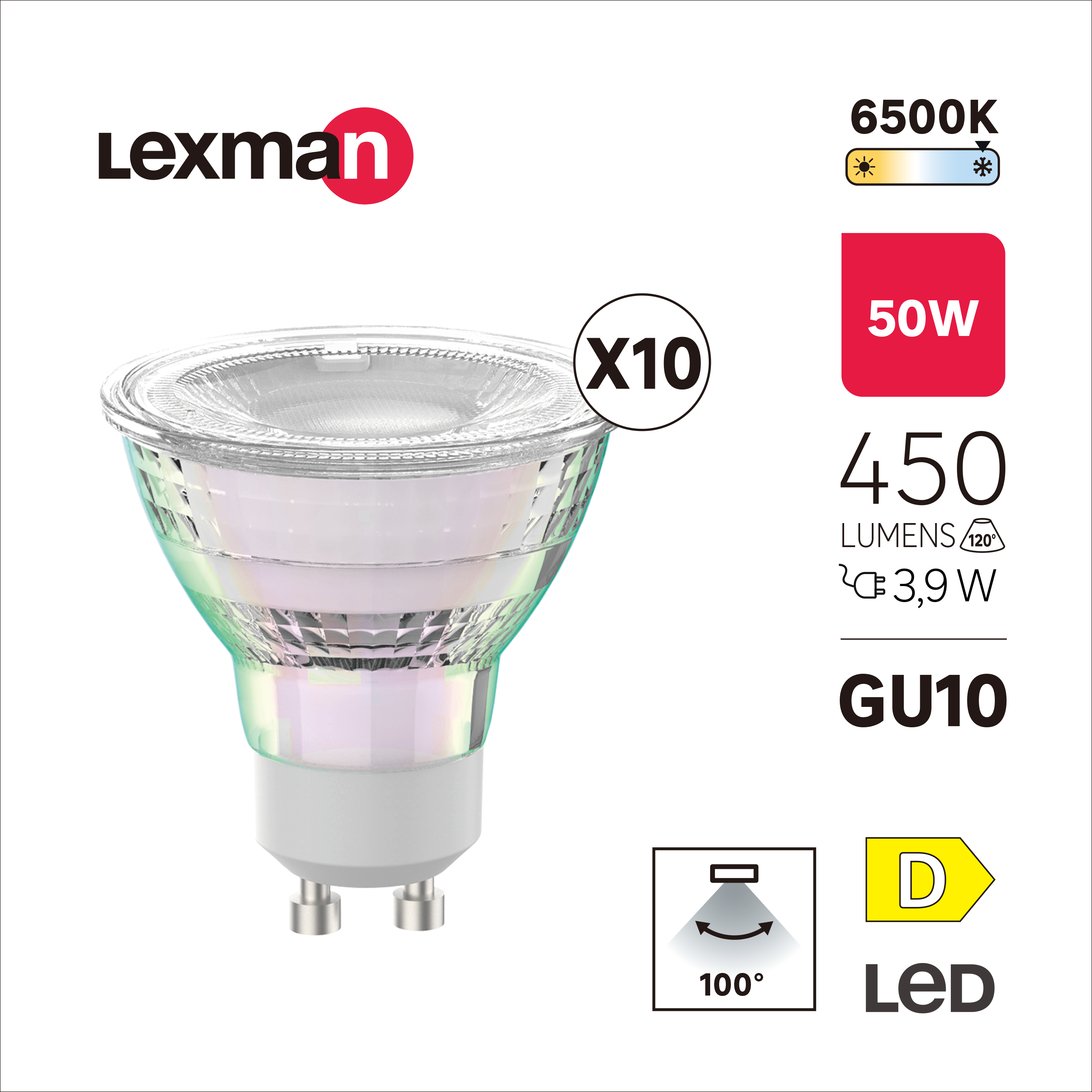 Pack 10 Lâmpada LED GU10 450 lm 6500 k vidro - 2