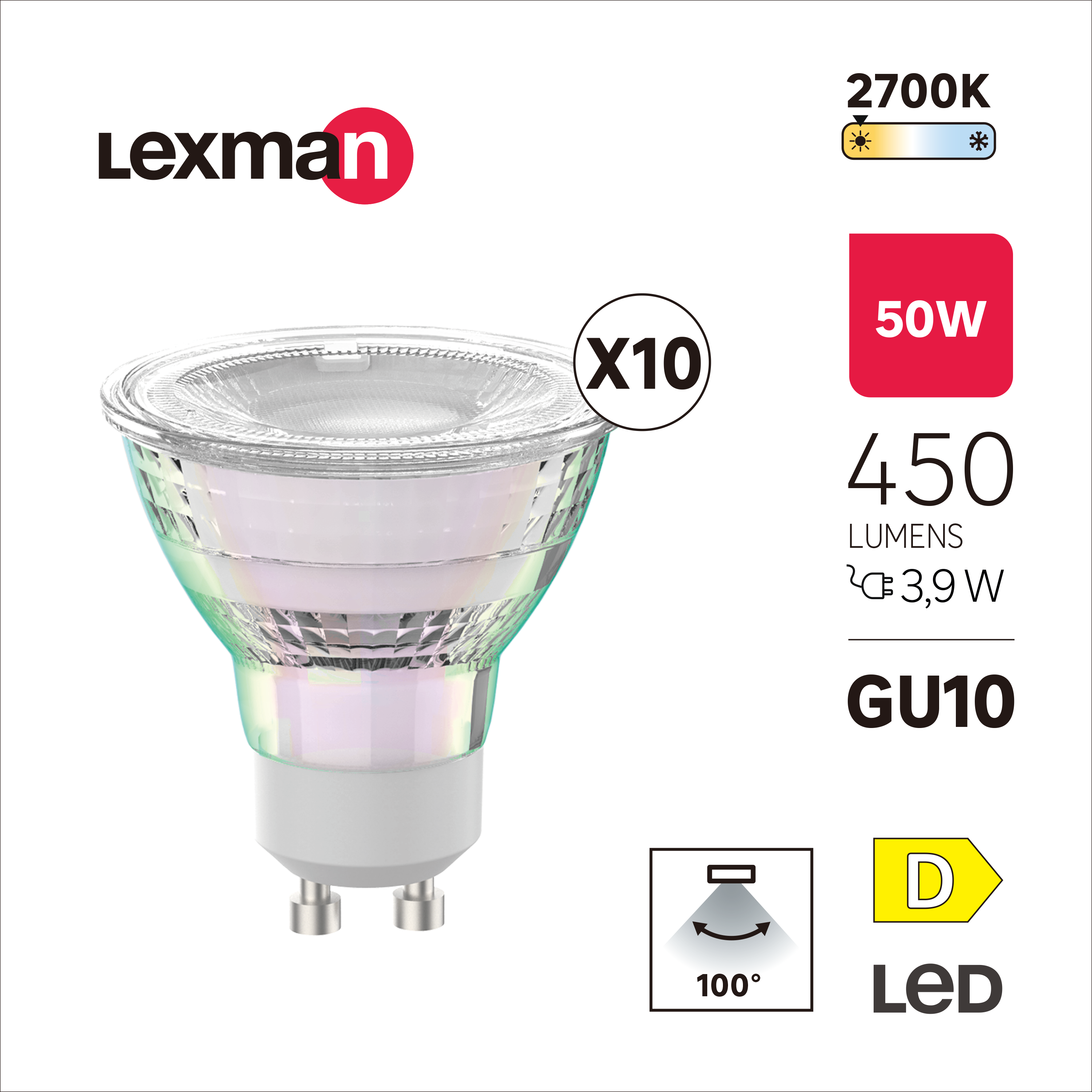 Pack de 10 Lâmpadas LED GU10 450 lm 2700 k vidro - 2
