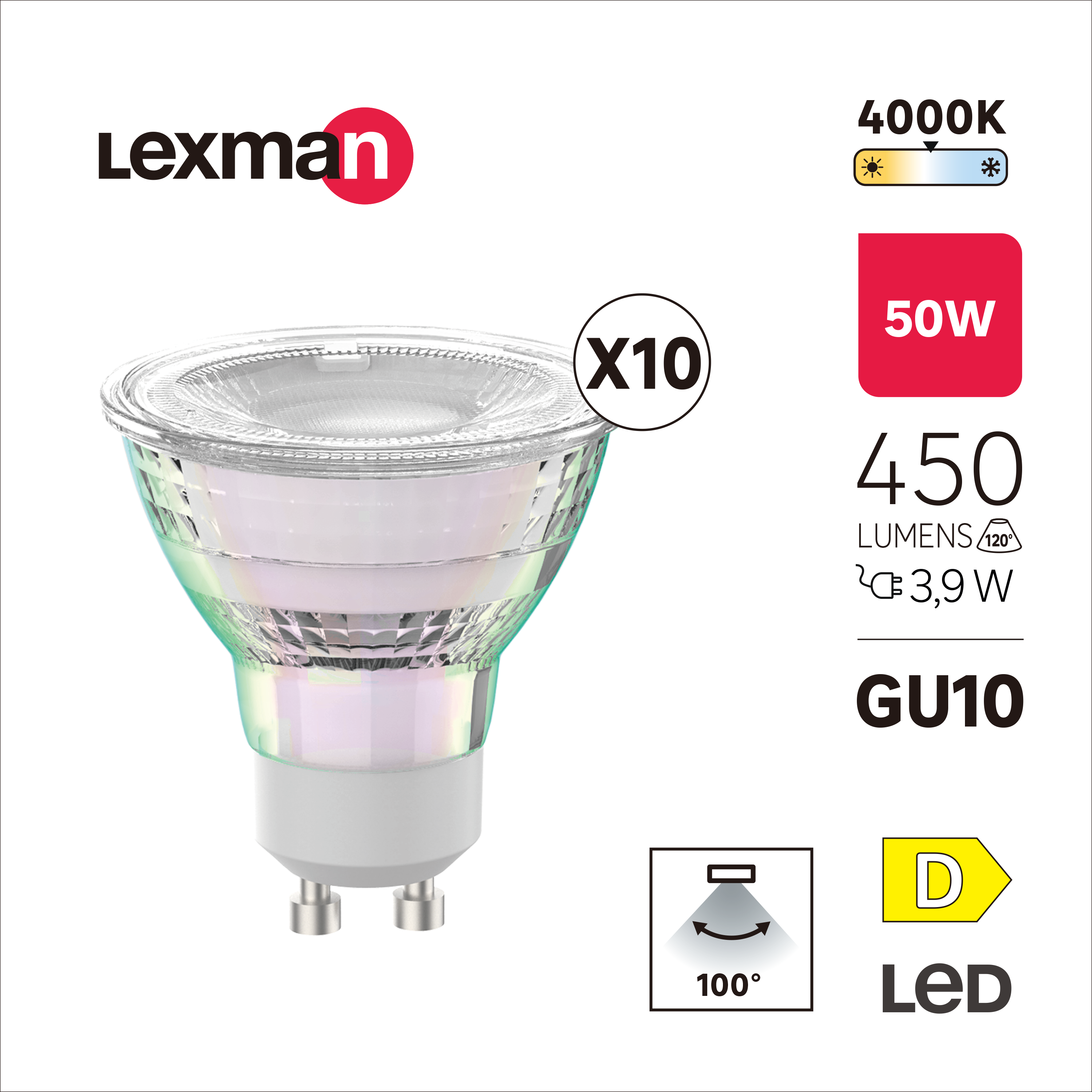Lot de 10 ampoules led réflecteur GU10, 450lm = 50W, blanc neutre, LEXMAN - 4
