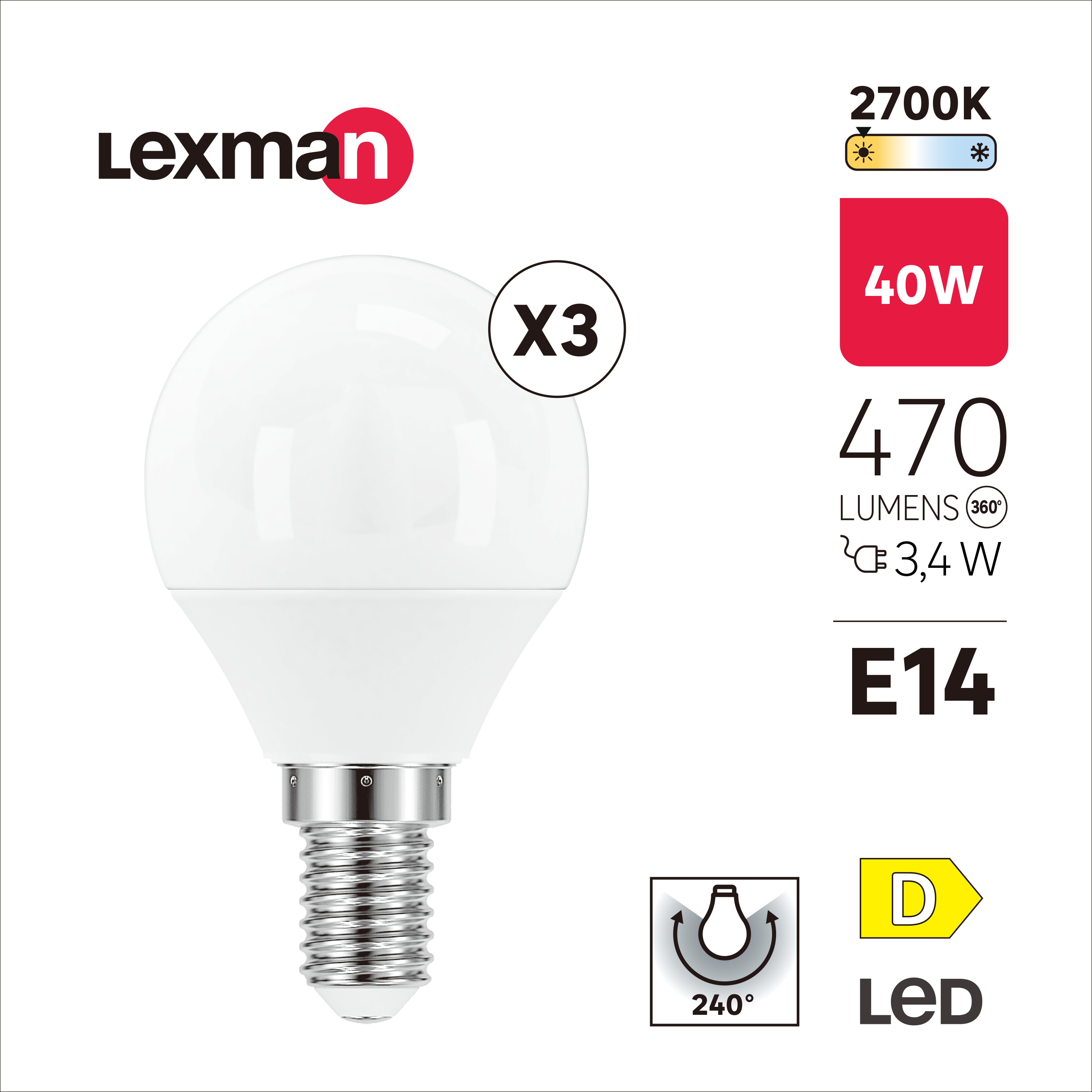 Pack 3 Lâmpada LED P45 E14 470 lm 2700 k Lexman - 2