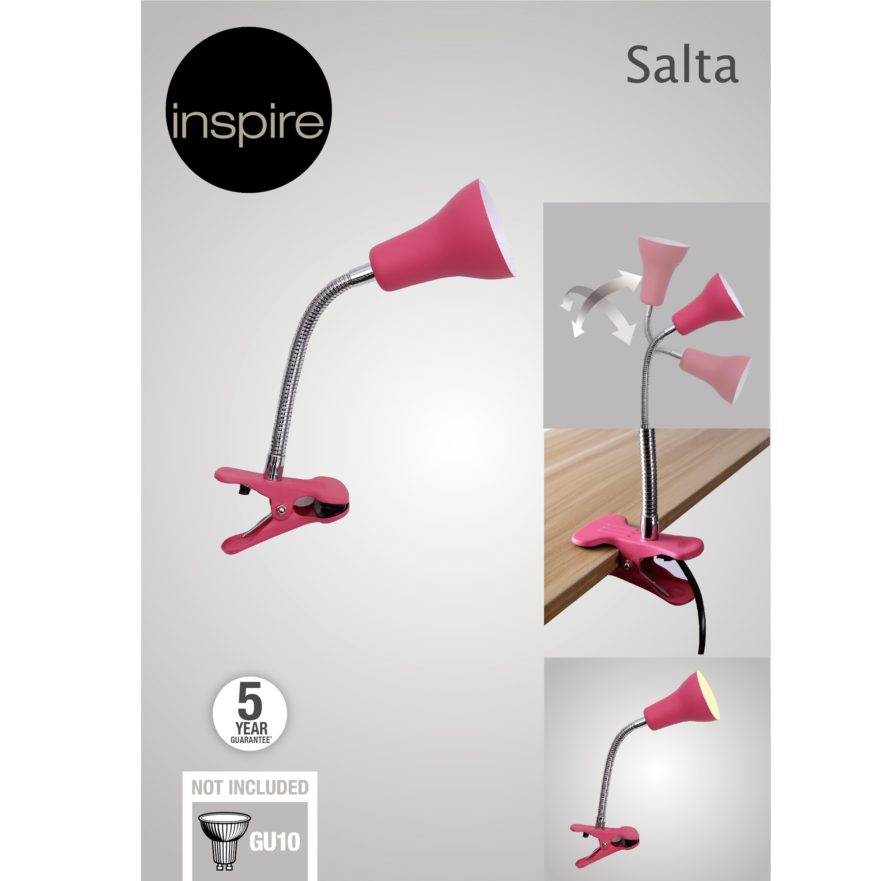 Flexo para escritorio compatible con casquillo GU10 Salta INSPIRE con estructura acero rosa de pinza alimentación a red - 5