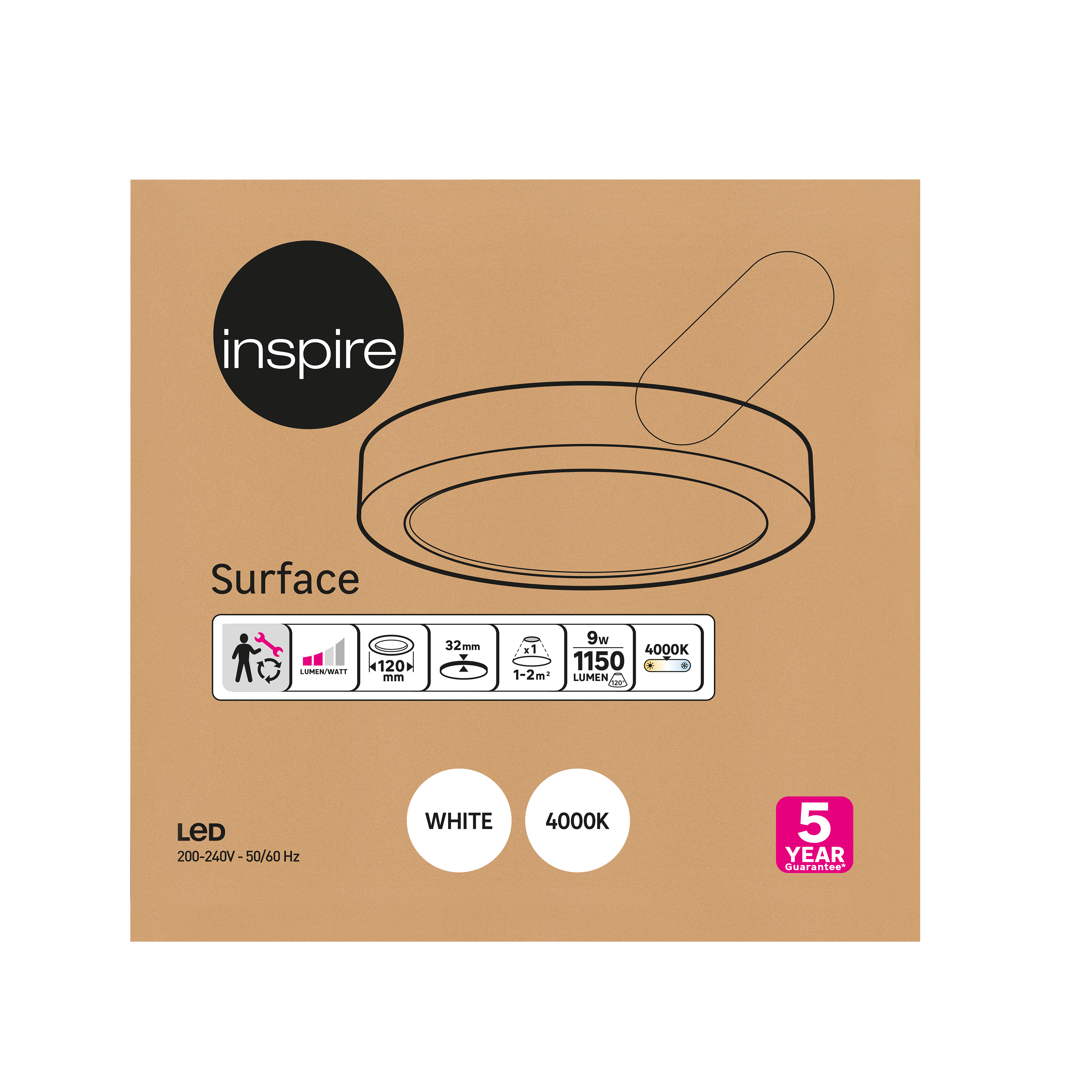 Downlight LED de superficie INSPIRE PP blanco redondo ø12 cm 9 lm 9 W 4000K CRI 89-80 luz natural y fiel IP20 - Foco LED de superficie para techos - 5