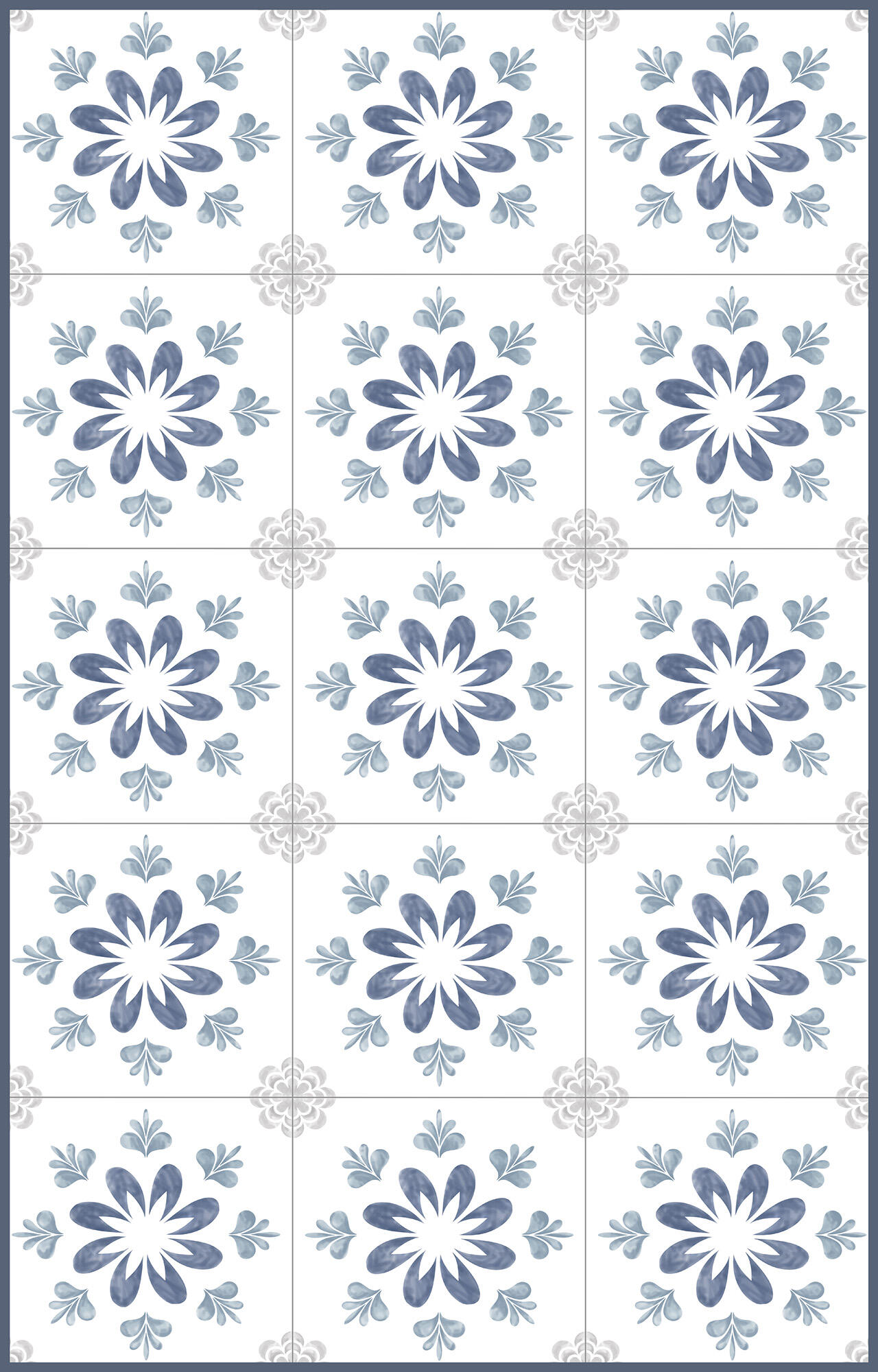 Alfombra pie de cama exterior/interior pvc tejido plano base antideslizante callia flor blanco, azul 48x75cm