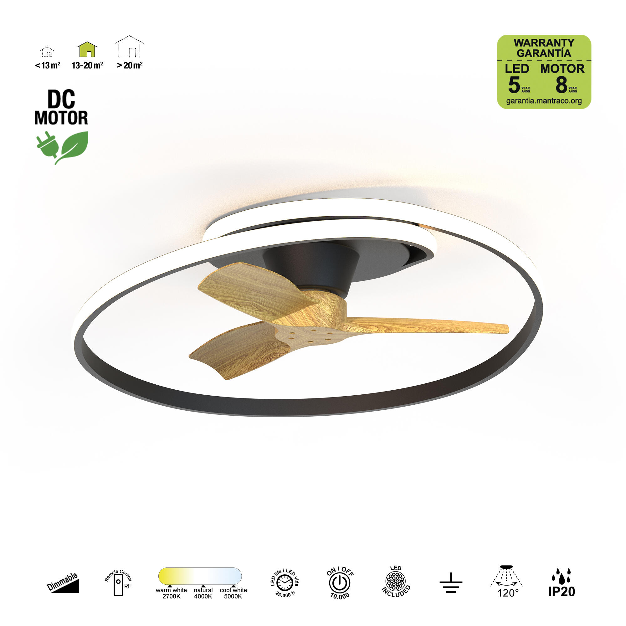 Ventilador de techo con luz DC 35W ø78 cm Ocean MANTRA negro luz CCT 3 velocidades| modo verano/invierno| recomendado para <13m² - 12