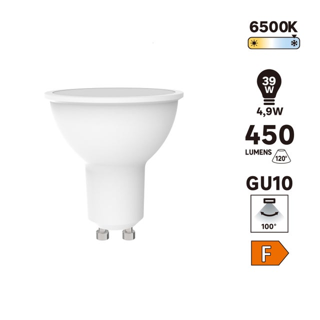 Bombilla LED GU10 450 lúmenes 4.9W color de la luz blanco frío 6500K CRI 89-80 luz natural y fiel clase energética F
