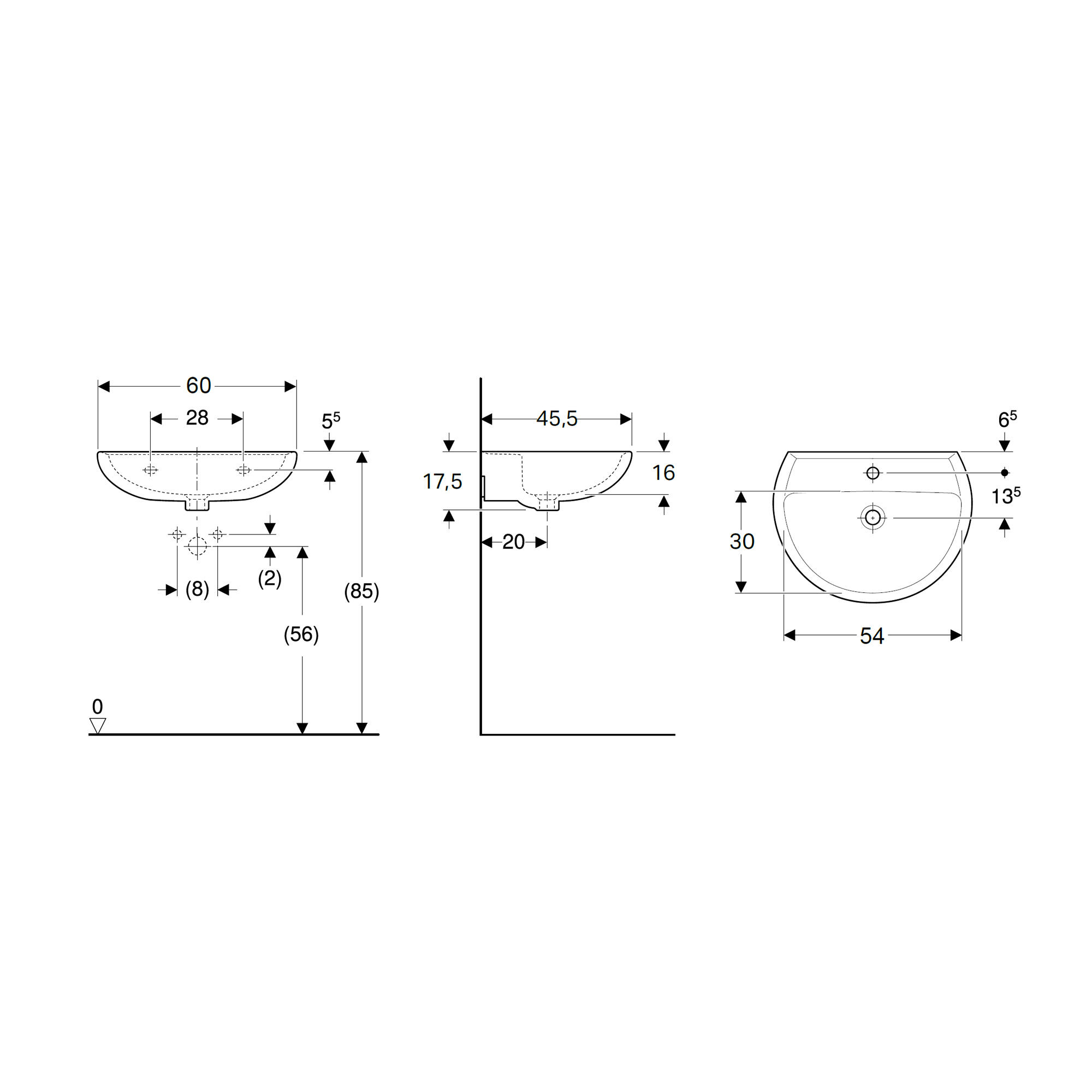 Lavabo sospeso semicerchio Colibri 60cm H 17.5 x P 45.5 cm in ceramica bianco lucido - 2
