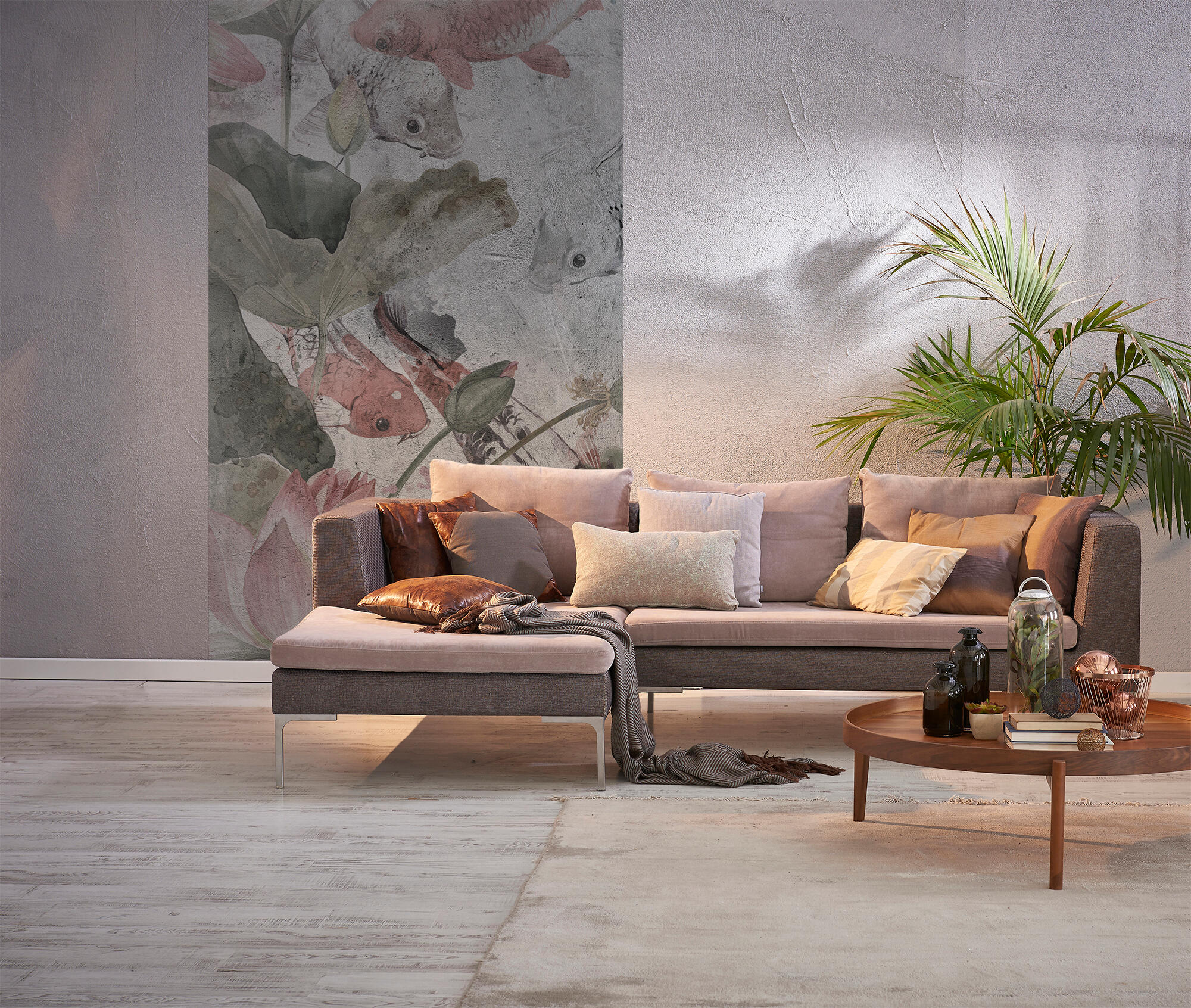 Mural adhesivo textil liso lavable animales nenúfar gris 321 x 260 cm motif