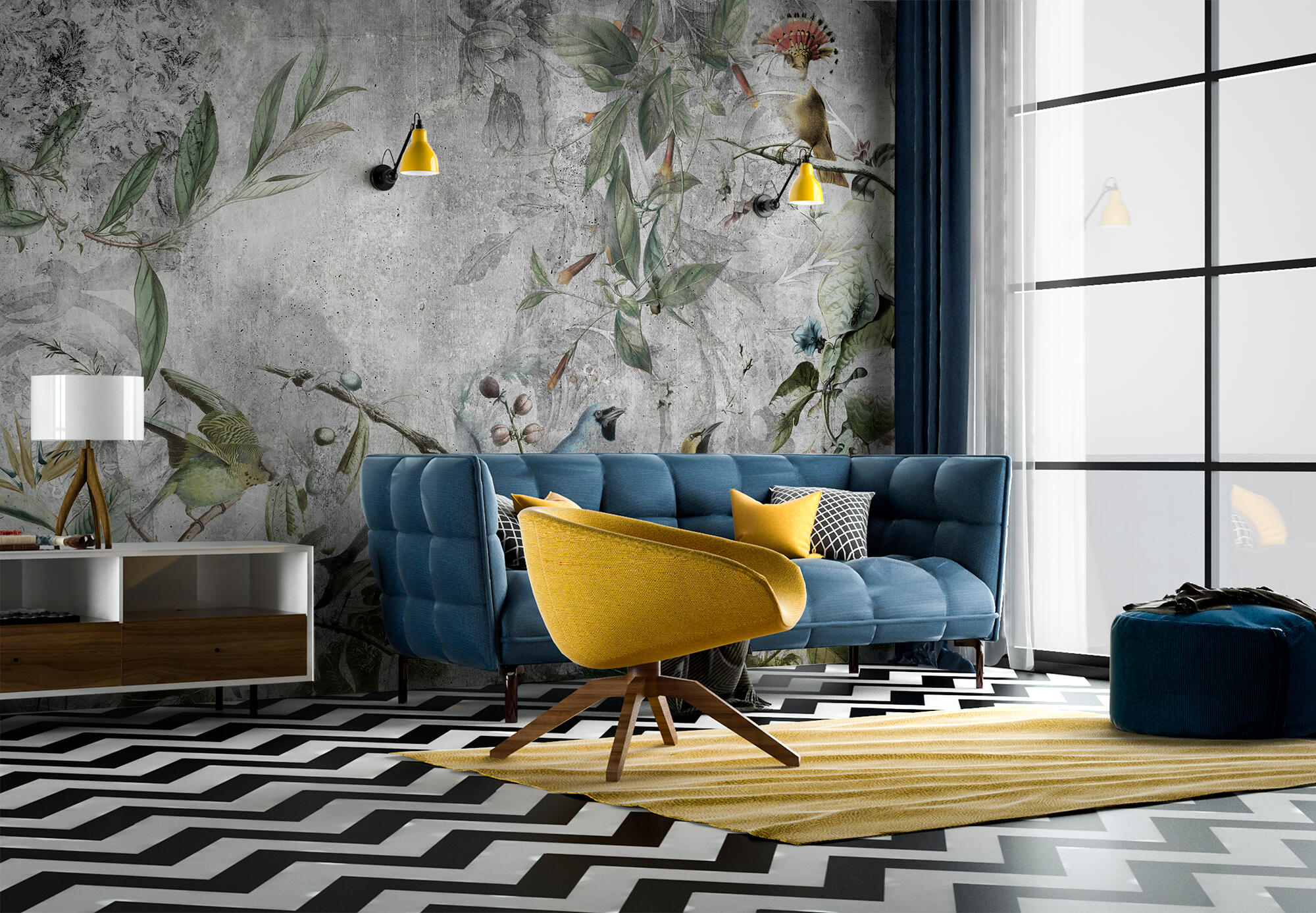 Mural adhesivo textil liso lavable animales pájaros tropicales verde 385 x 250 cm motif