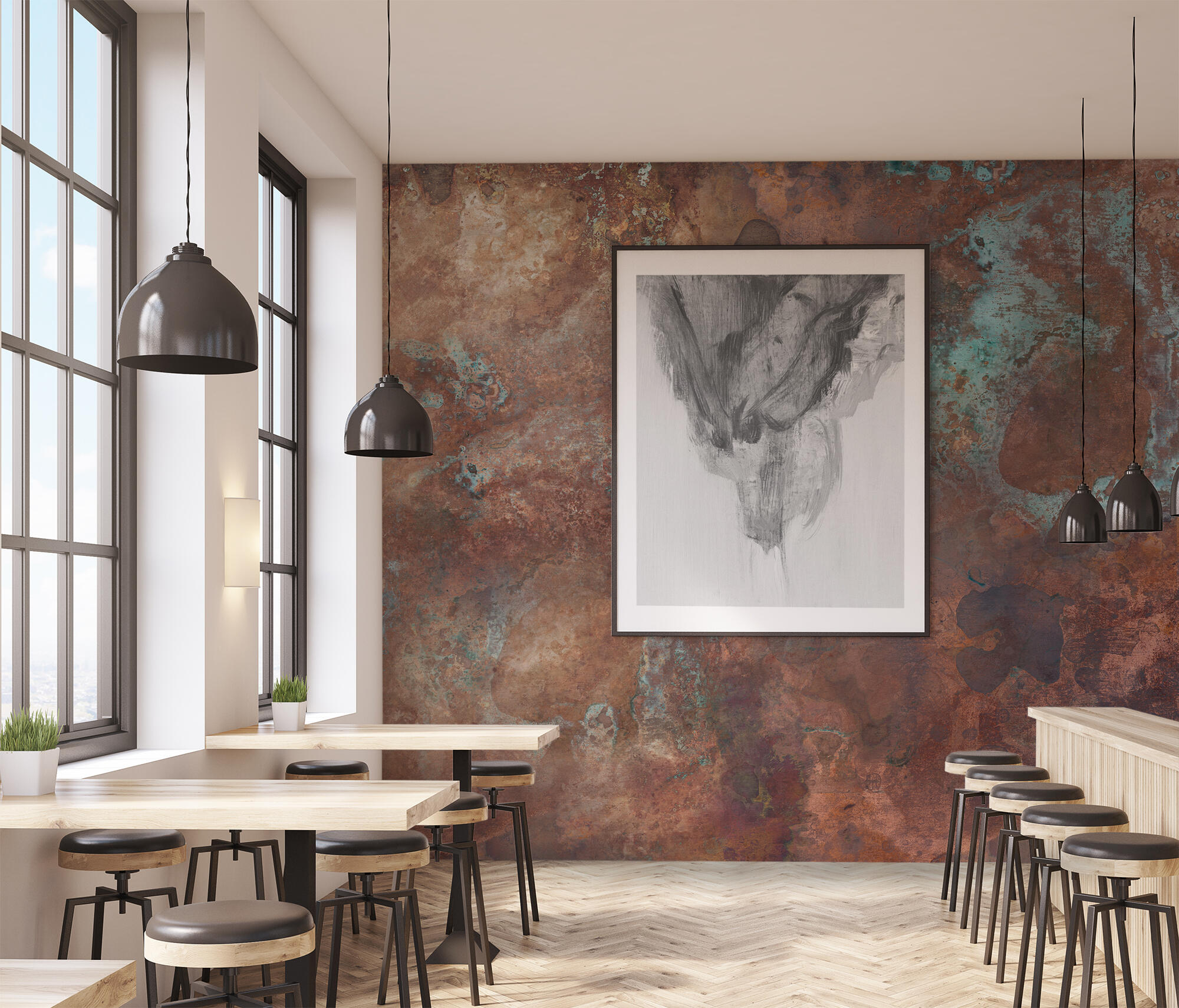 Mural textil abstracto volcán marrón de 132 x 260 cm motif