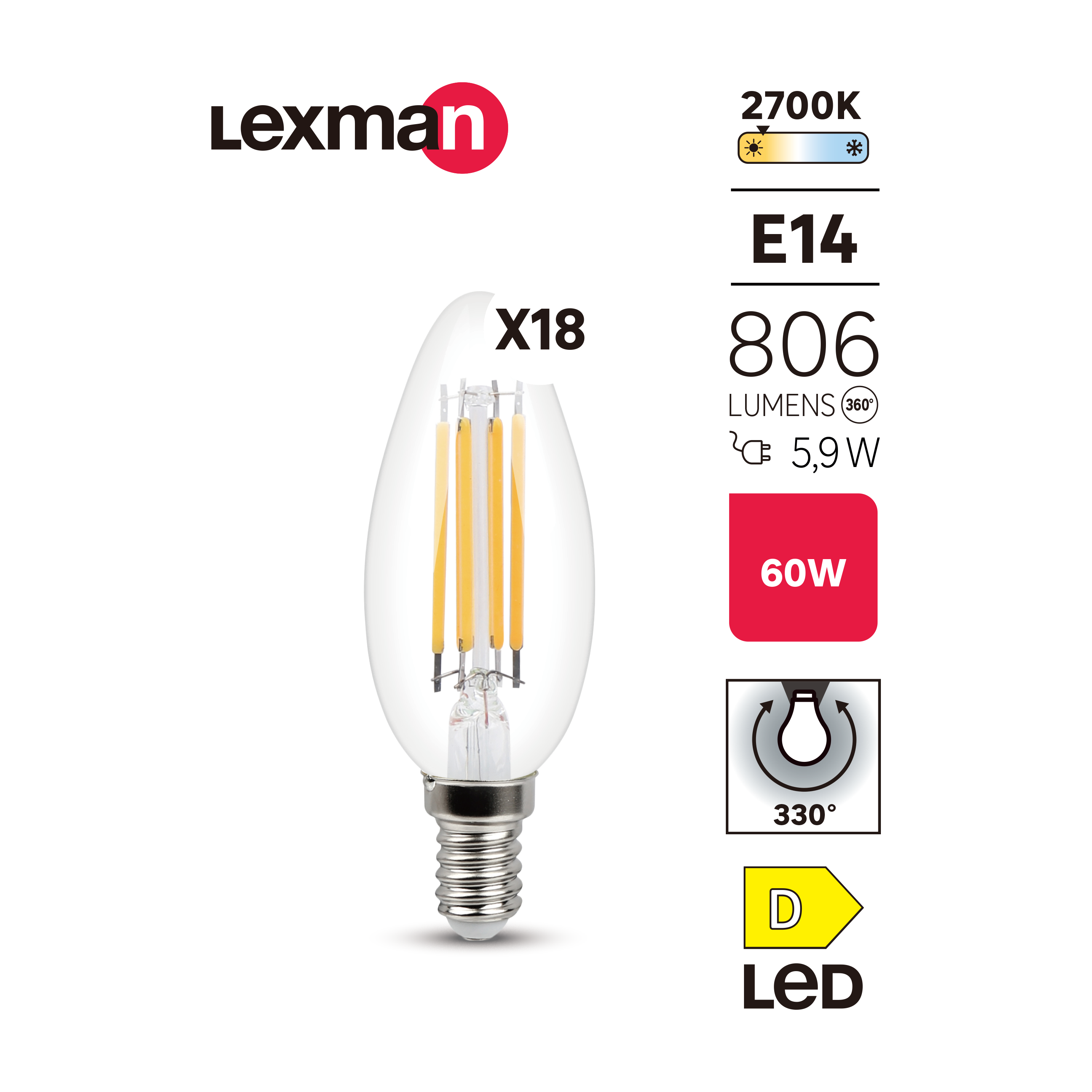 Lot de 18 ampoules led, flamme E14, 806lm = 60W, blanc chaud, LEXMAN - 2