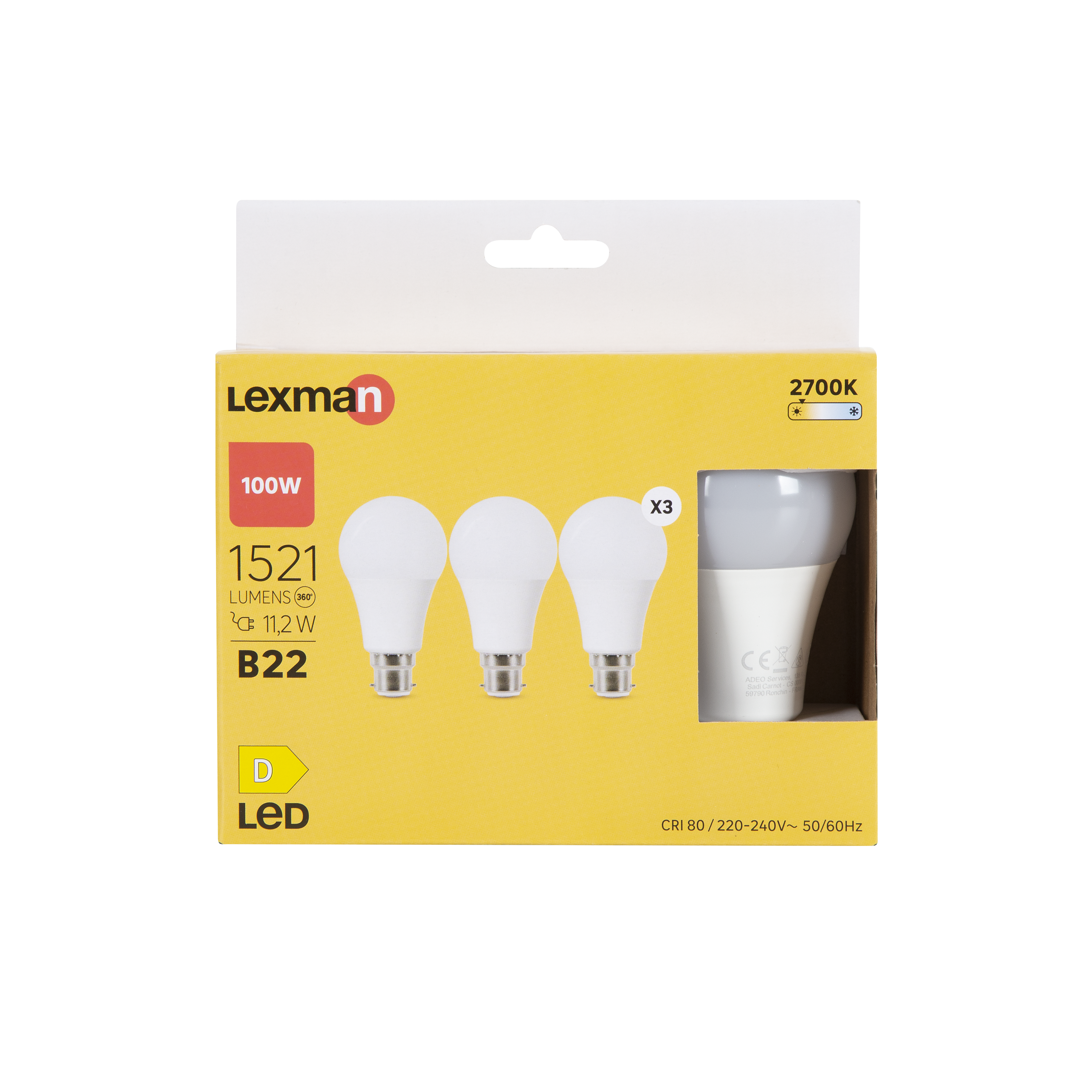 Lot de 3 ampoules led, plastique, B22, 1521lm = 100W, blanc chaud, LEXMAN - 5