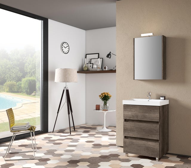 Mobile bagno da terra con lavabo L 60 x H 89.5 x P 46 cm rovere scuro 3 cassetti per vasca centrale Kora