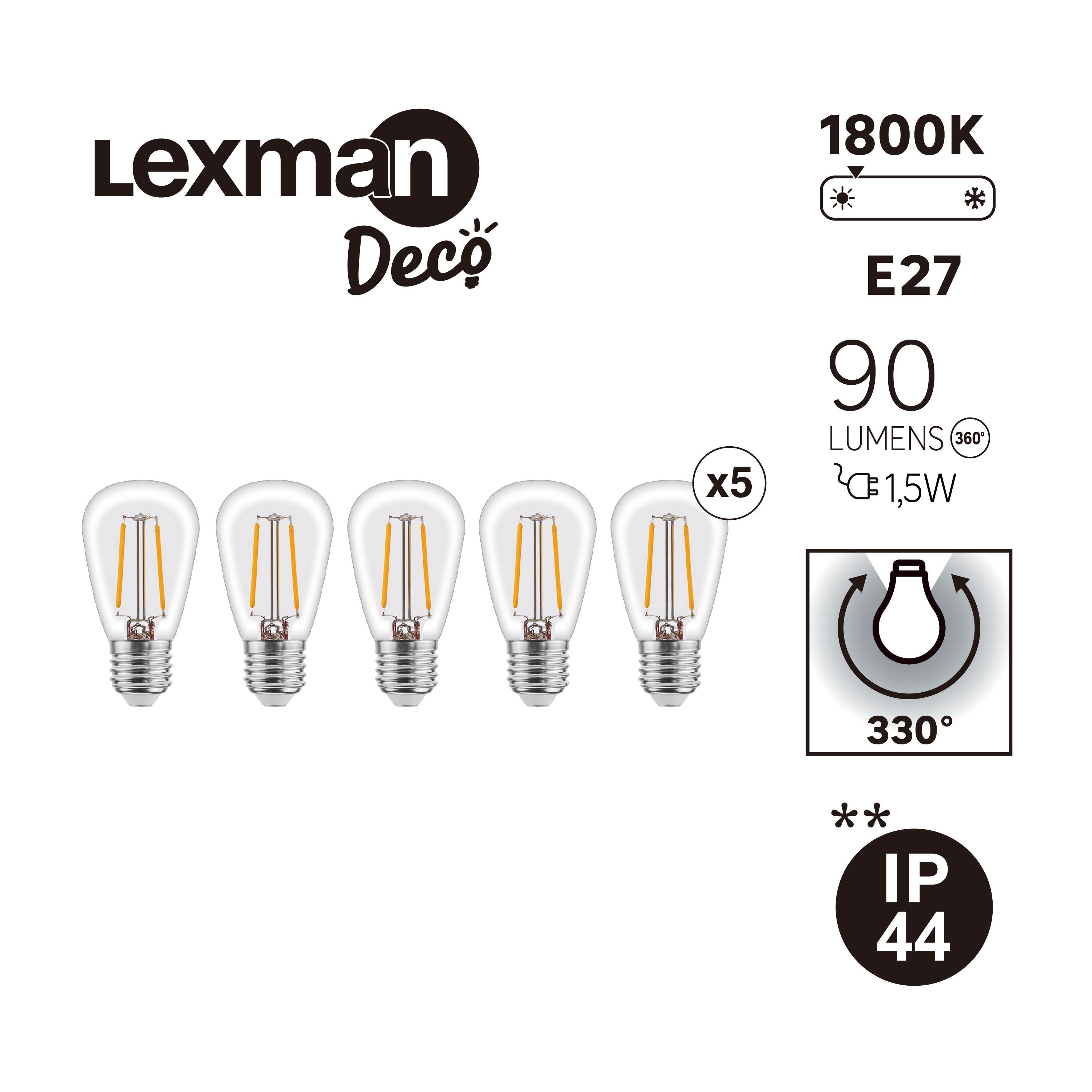 5 ampoules led pour guirlande, E27, 90lm = 10W, IP44, transparentes, LEXMAN - 3