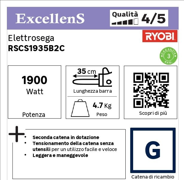 Elettrosega RYOBI RCS1935B2C + catena di ricambio, 1900 W barra da 35 cm - 8