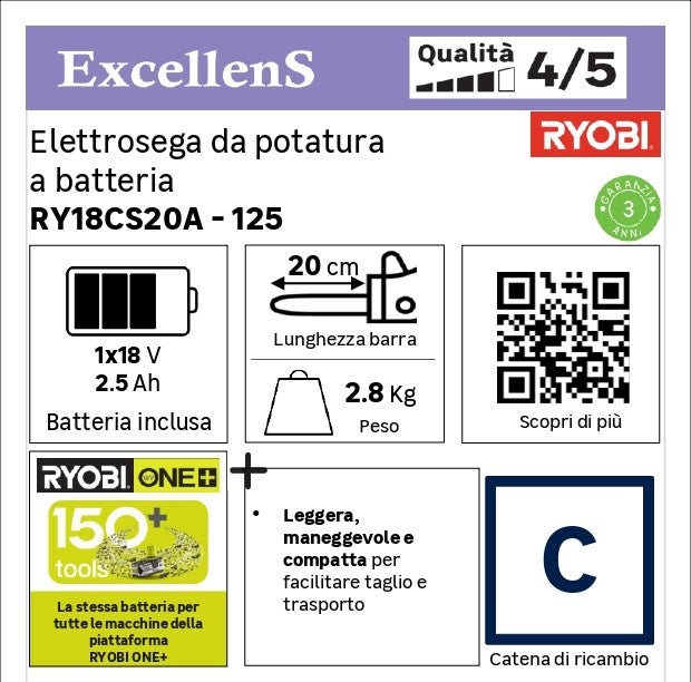 Motosega a batteria RYOBI RY18CS20A-125 2.5Ah 18V barra da 20 cm, 1 batteria inclusa - 11