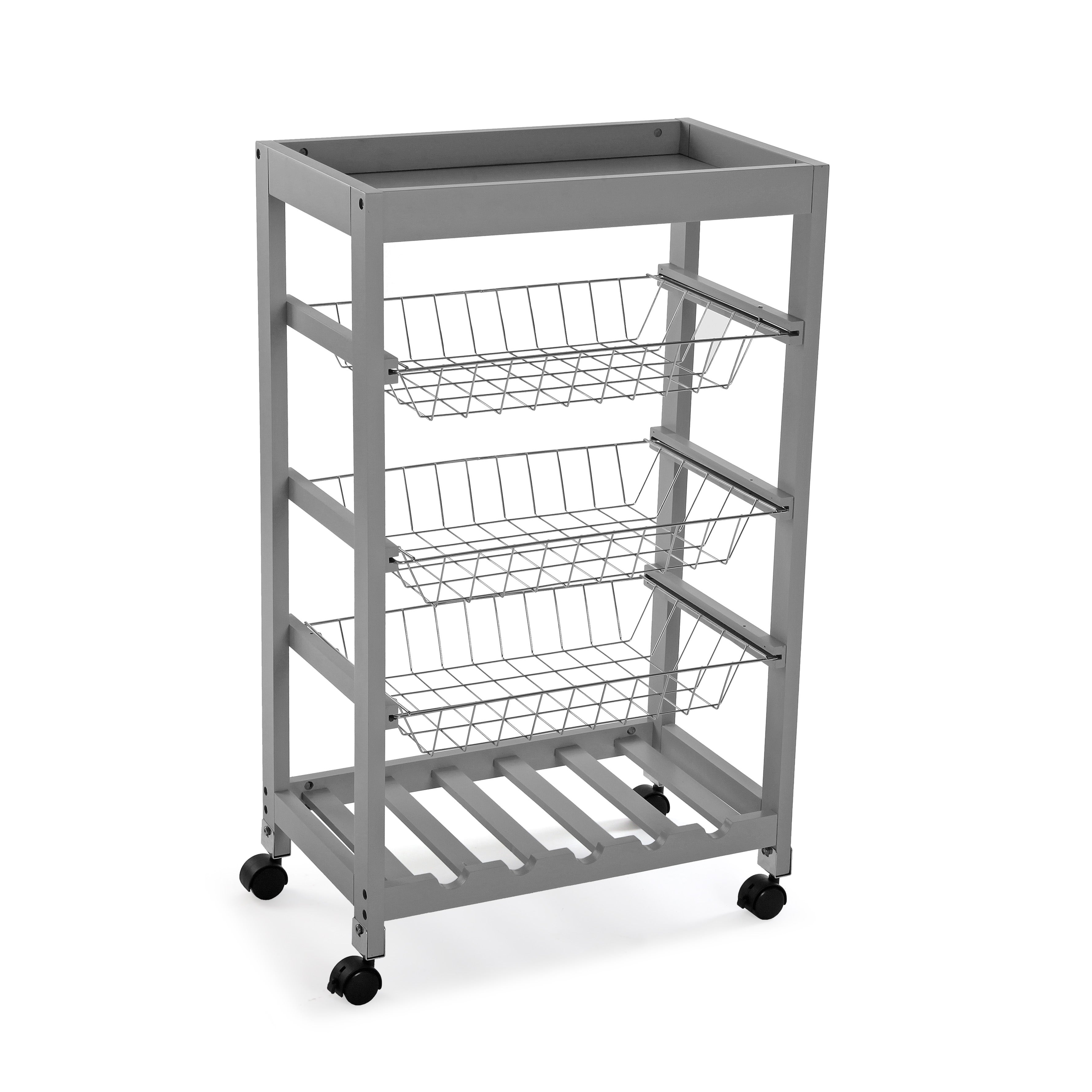 Carro de cocina gris / plata con 3 cestas y bandeja versa