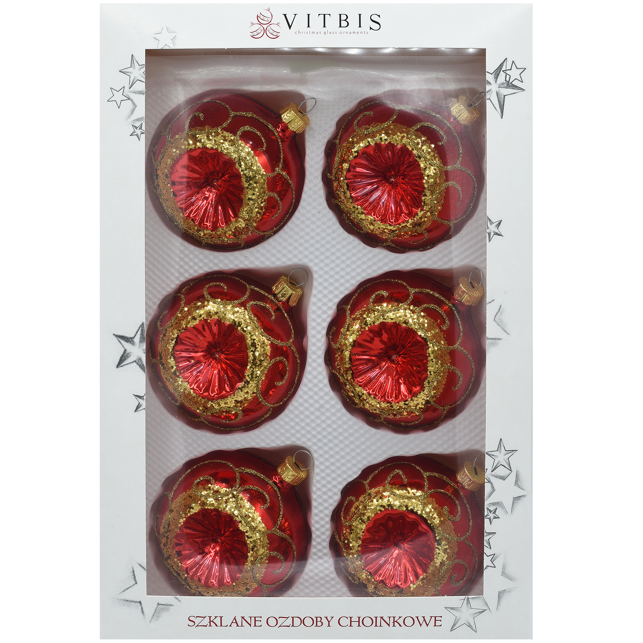 Bombki szklane 8cm 6szt. czerwone reflektorki Vitbis - 2