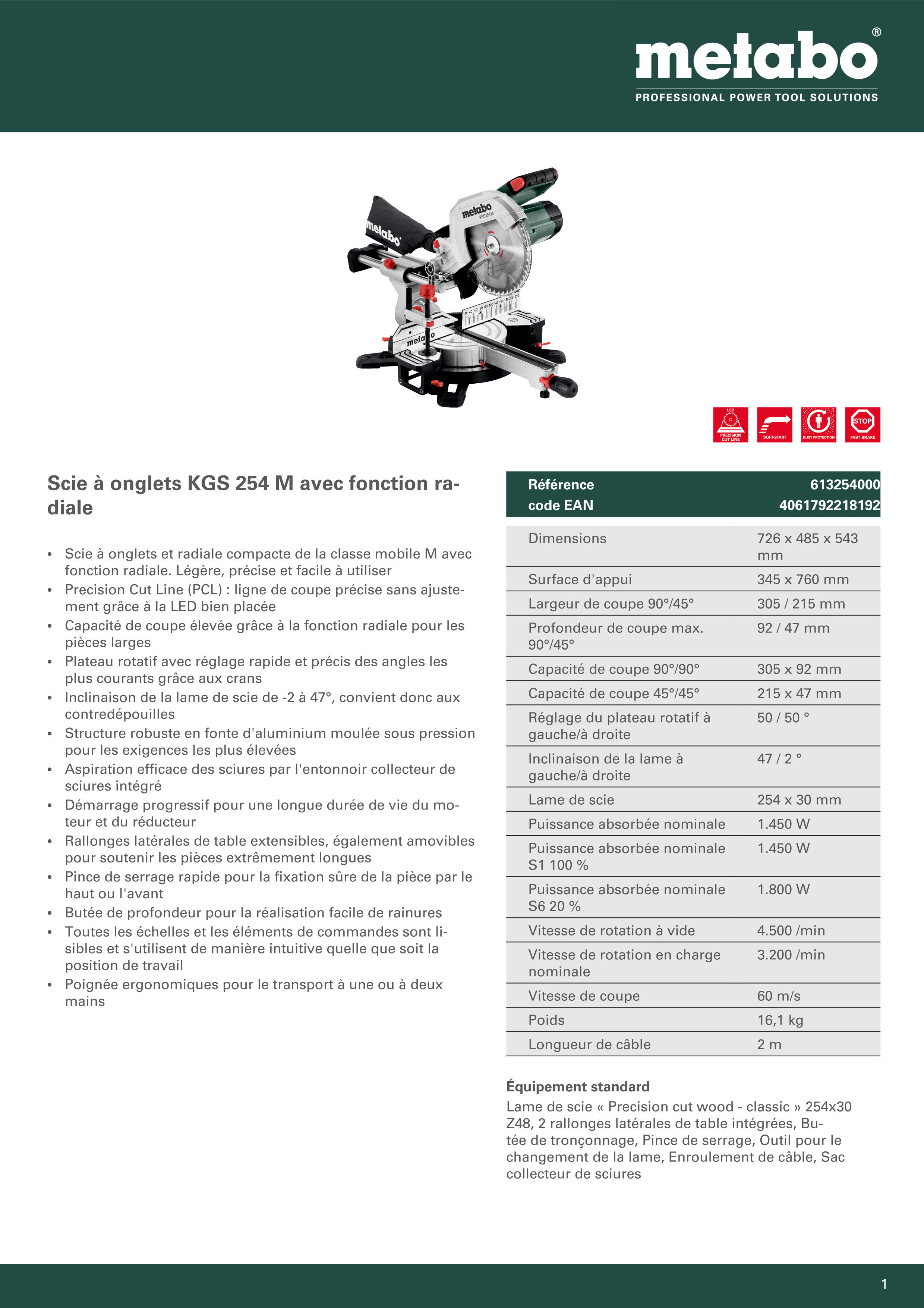 Scie à onglet radiale KGS 254 M + 2ème lame carbure METABO, 254 mm, 1800 W - 13