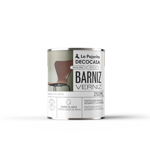 Barniz LA PAJARITA incoloro brillante para aplicar sobre madera, MDF, melamina, metal, balsa, tejido, resina, poliéster, poliestireno, textil, cerámica, vidrio, yeso, hierro, papel, terracota, contrachapado, cartón, cristal, plástico, arcilla 250 ml