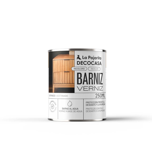 Barniz LA PAJARITA incoloro satinado para aplicar sobre madera, MDF, melamina, metal, balsa, tejido, resina, poliéster, poliestireno, textil, cerámica, vidrio, yeso, hierro, papel, terracota, contrachapado, cartón, cristal, plástico, arcilla, 250 ml