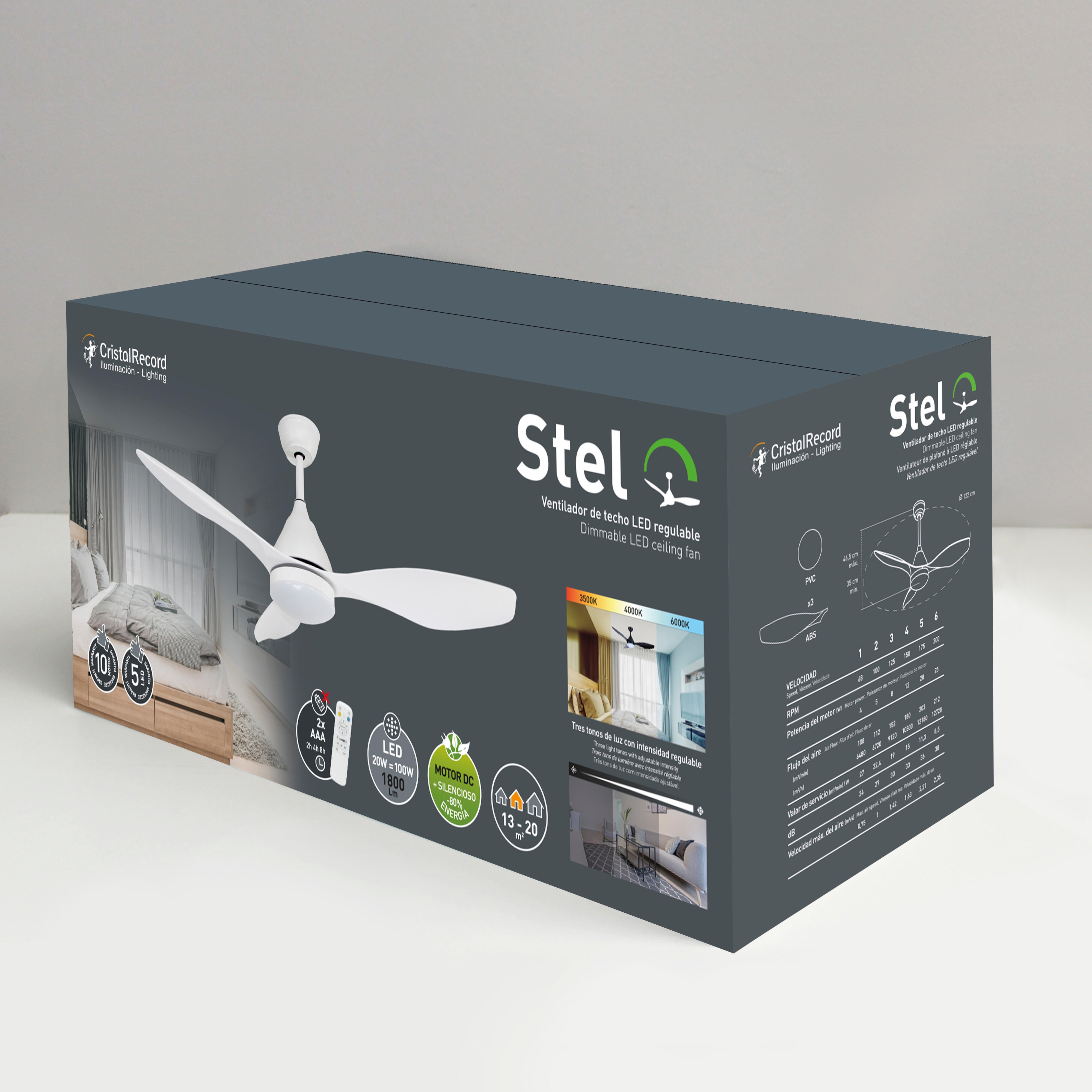 Ventilador de techo con luz silencioso DC 36W con mando ø120 cm Stel CRISTAL RECORD blanco luz CCT 3 aspas| 5 velocidades| brisa| recomendado de 20 a 40m² - 6