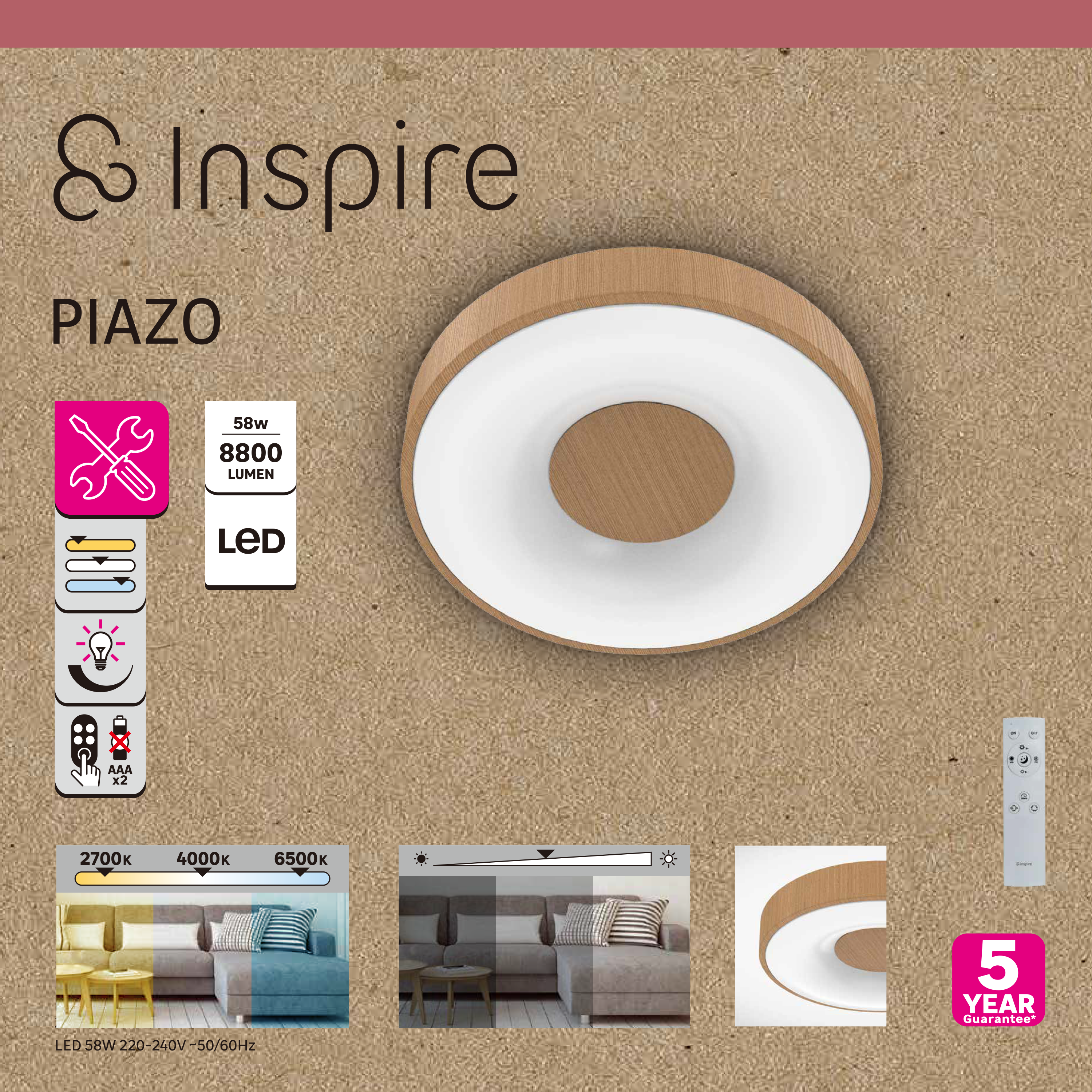 Plafón LED redondo bronce pantalla acrílica PIAZO 7350 lm color de la luz de cálida a fría CCT (2700K-6500K) ø48 cm IP20 - 7