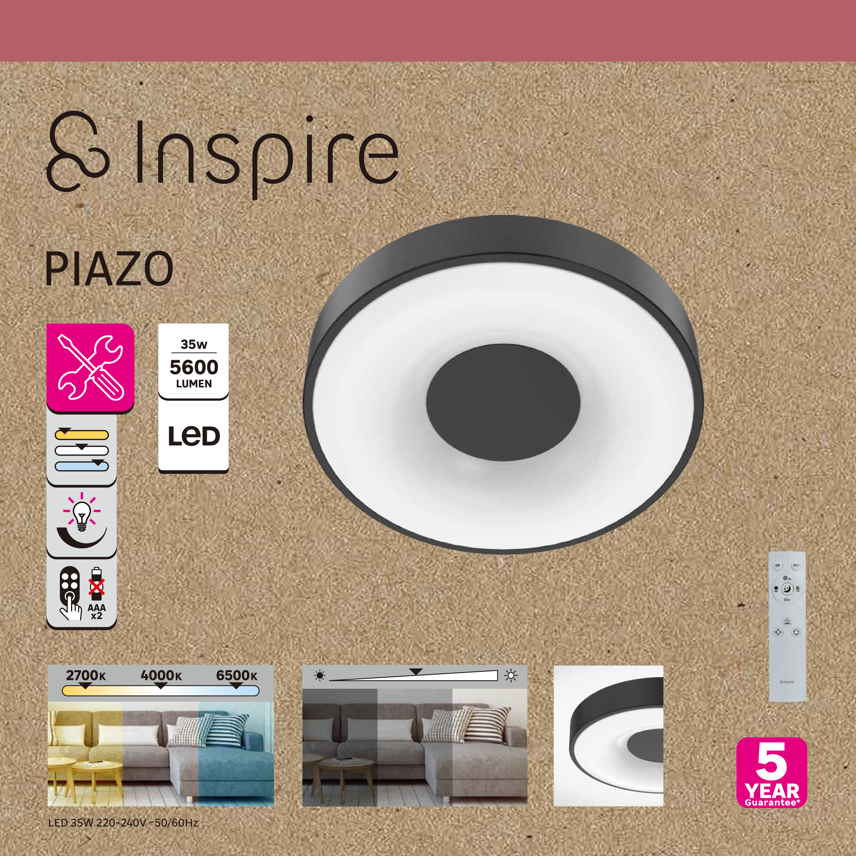 Plafonnier Piazo LED noir, variation de lumière, D.38cm INSPIRE - 9