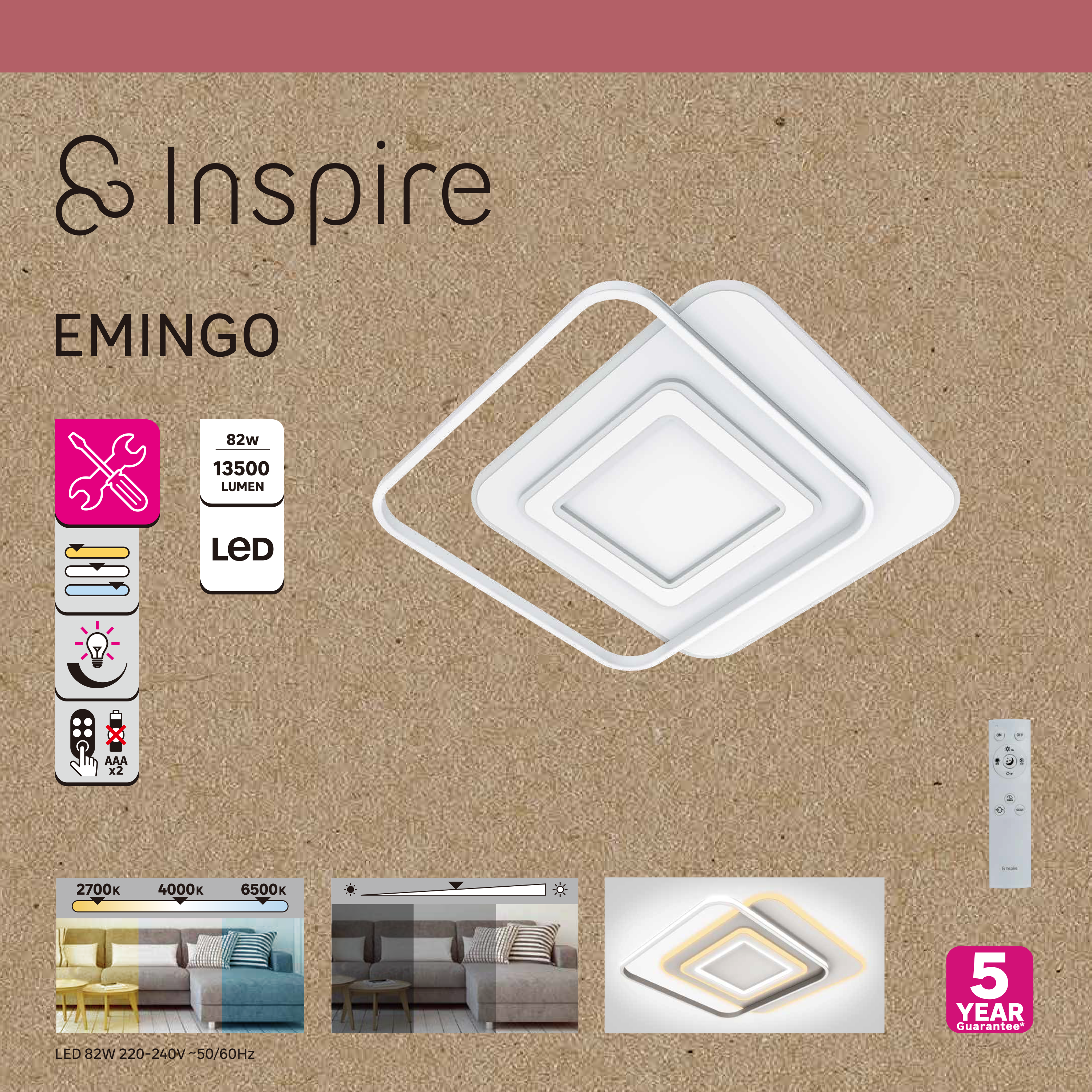 Plafón LED cuadrado blanco pantalla silicona INSPIRE EMINGO 13500 lm color de la luz de cálida a fría CCT (2700K-6500K) IP21 - 5