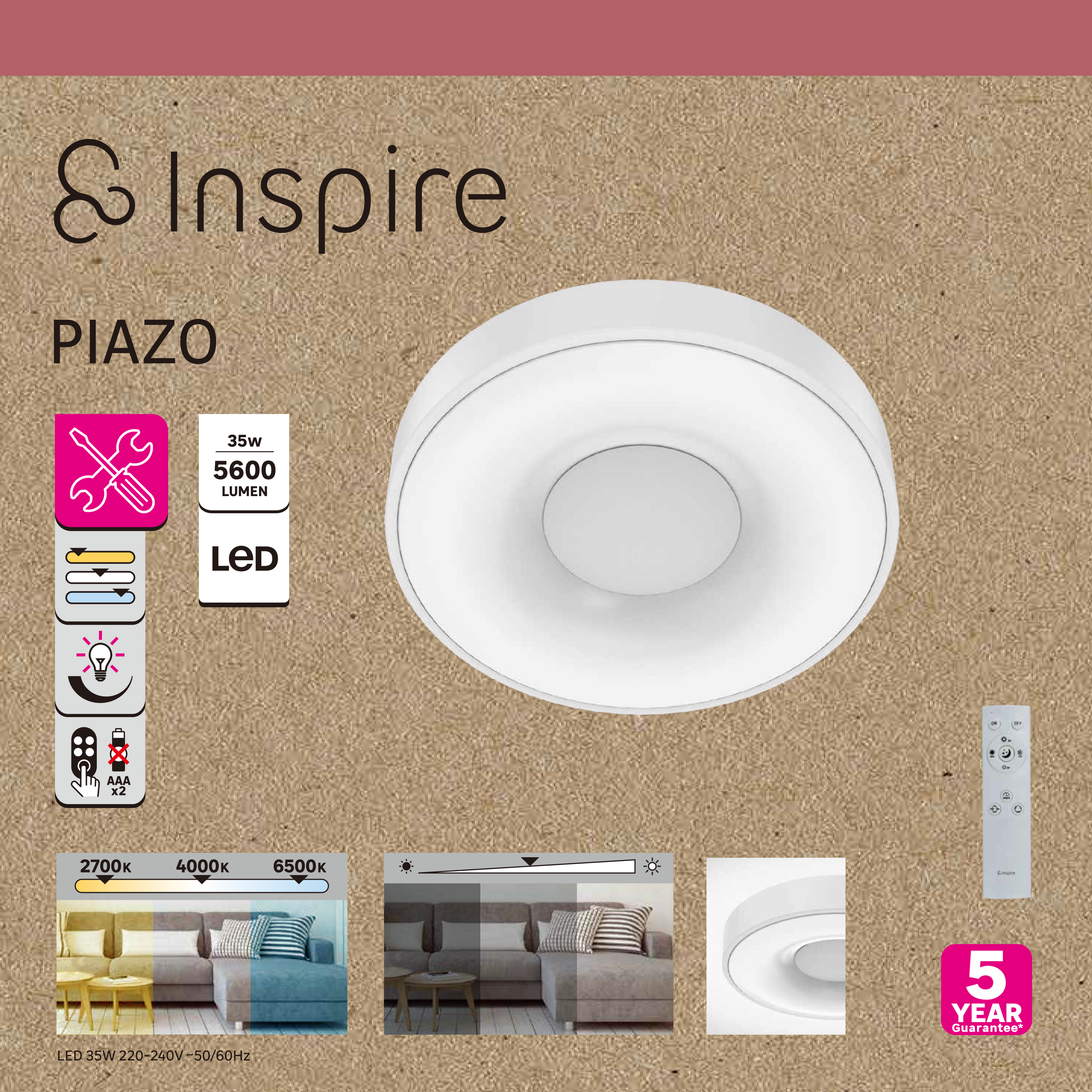 Plafonnier LED Piazo blanc, variation de lumière, D.38cm INSPIRE - 9