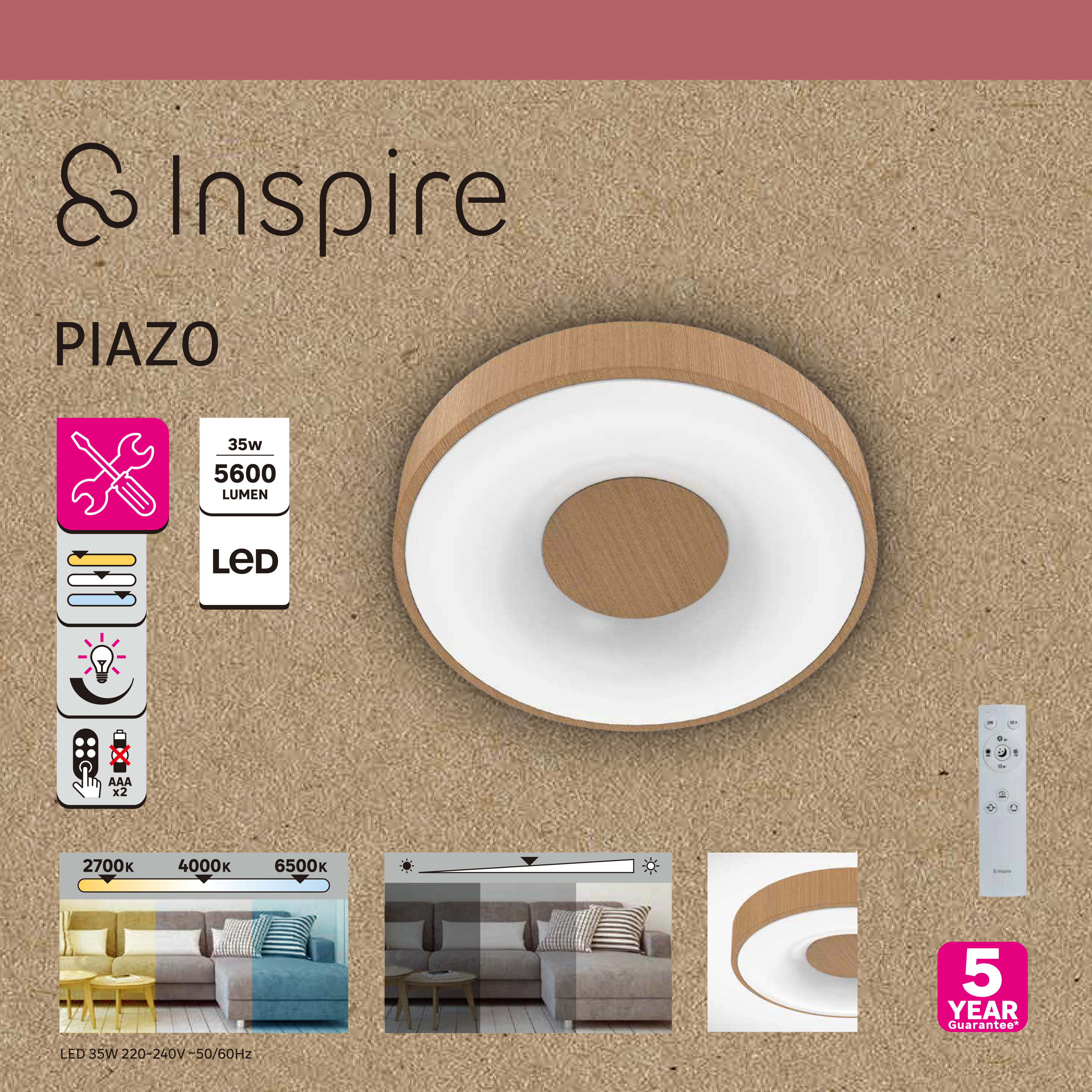 Plafonnier LED Piazo bois, variation de lumière, D.38cm INSPIRE - 9