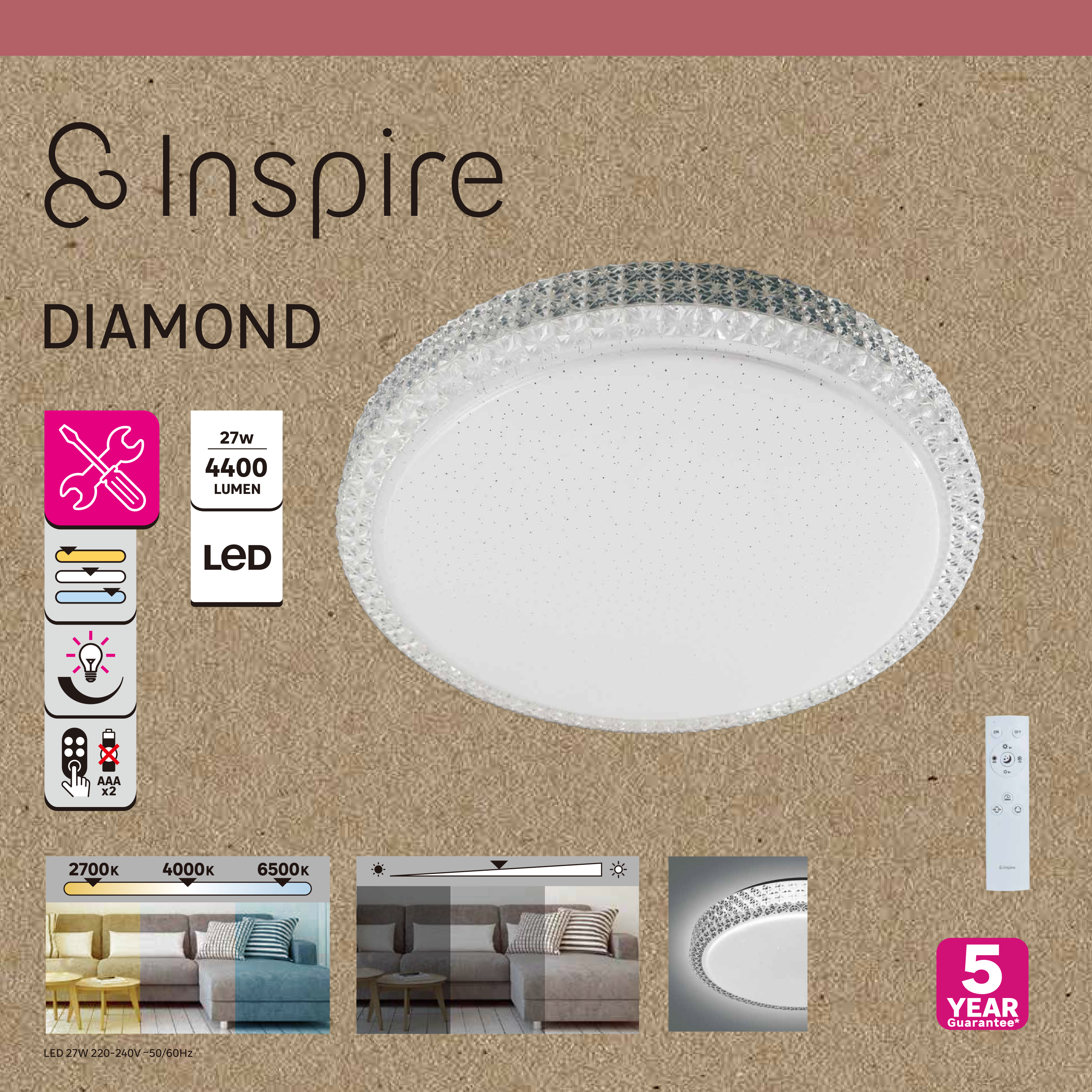 Plafonnier LED intégrée Diamond, 4400lm, variation de blancs, INSPIRE D.50 cm - 9