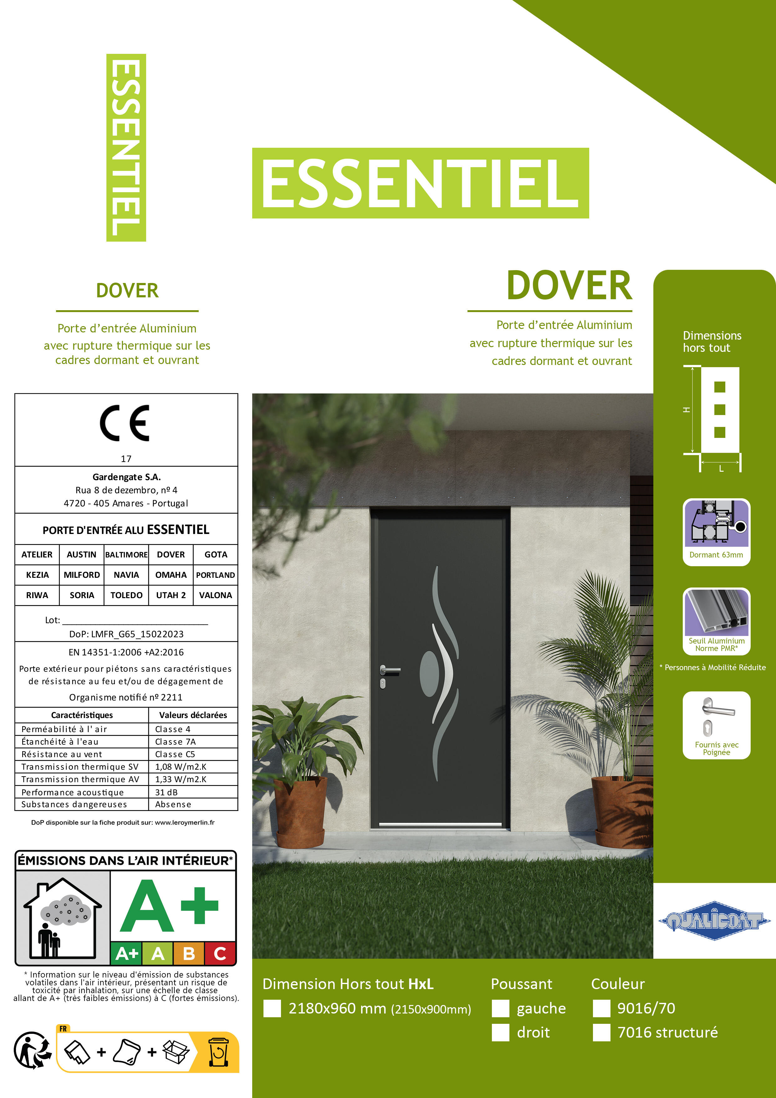 Porte d'entrée Alu Dover Essentiel H.215xl.90 gris, poussant gauche - 3