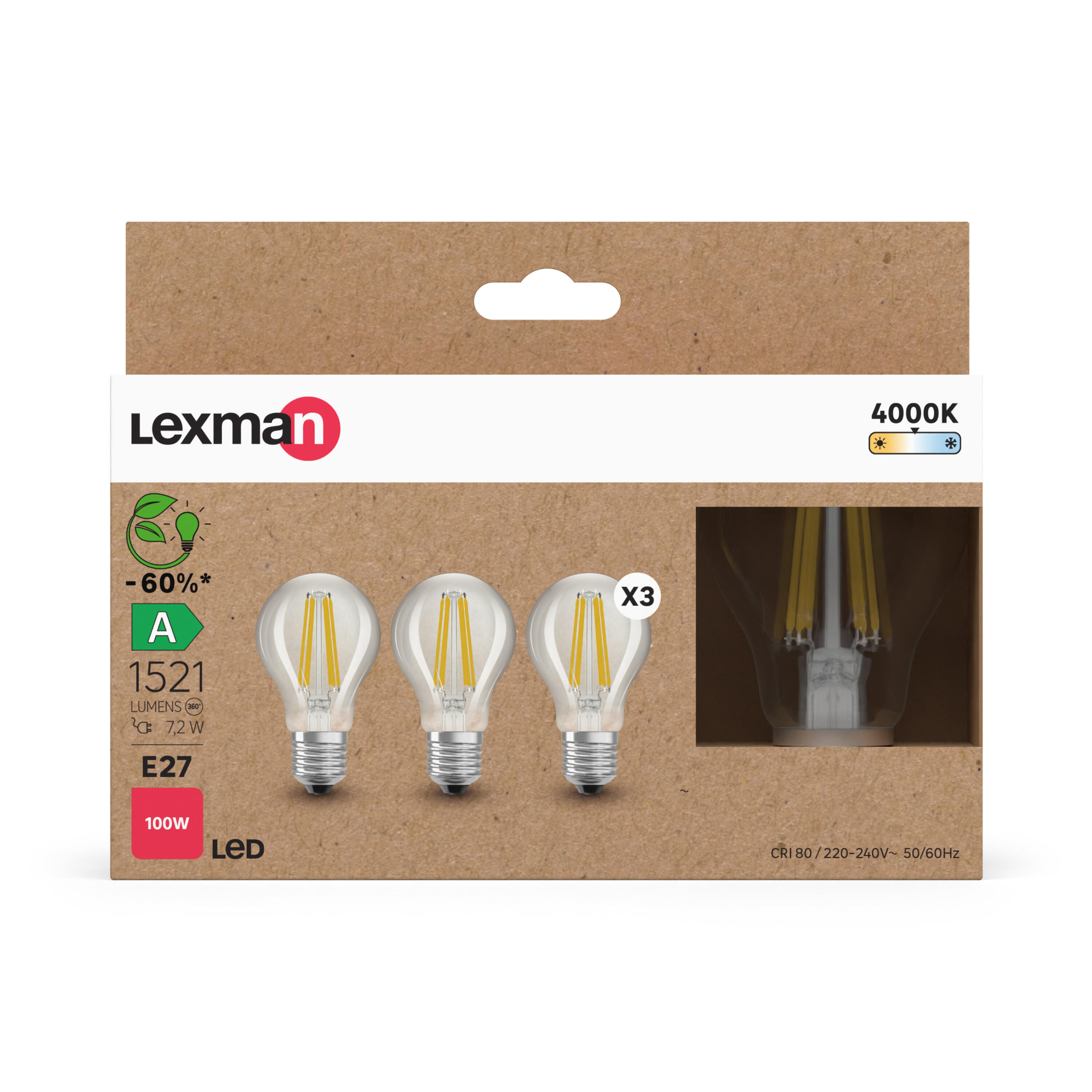 Set da 3 lampadine LED filamento, E27 goccia, smerigliato, 7.2W= 1521 LM (equiv 100 W), classe energetica A, LEXMAN - 5