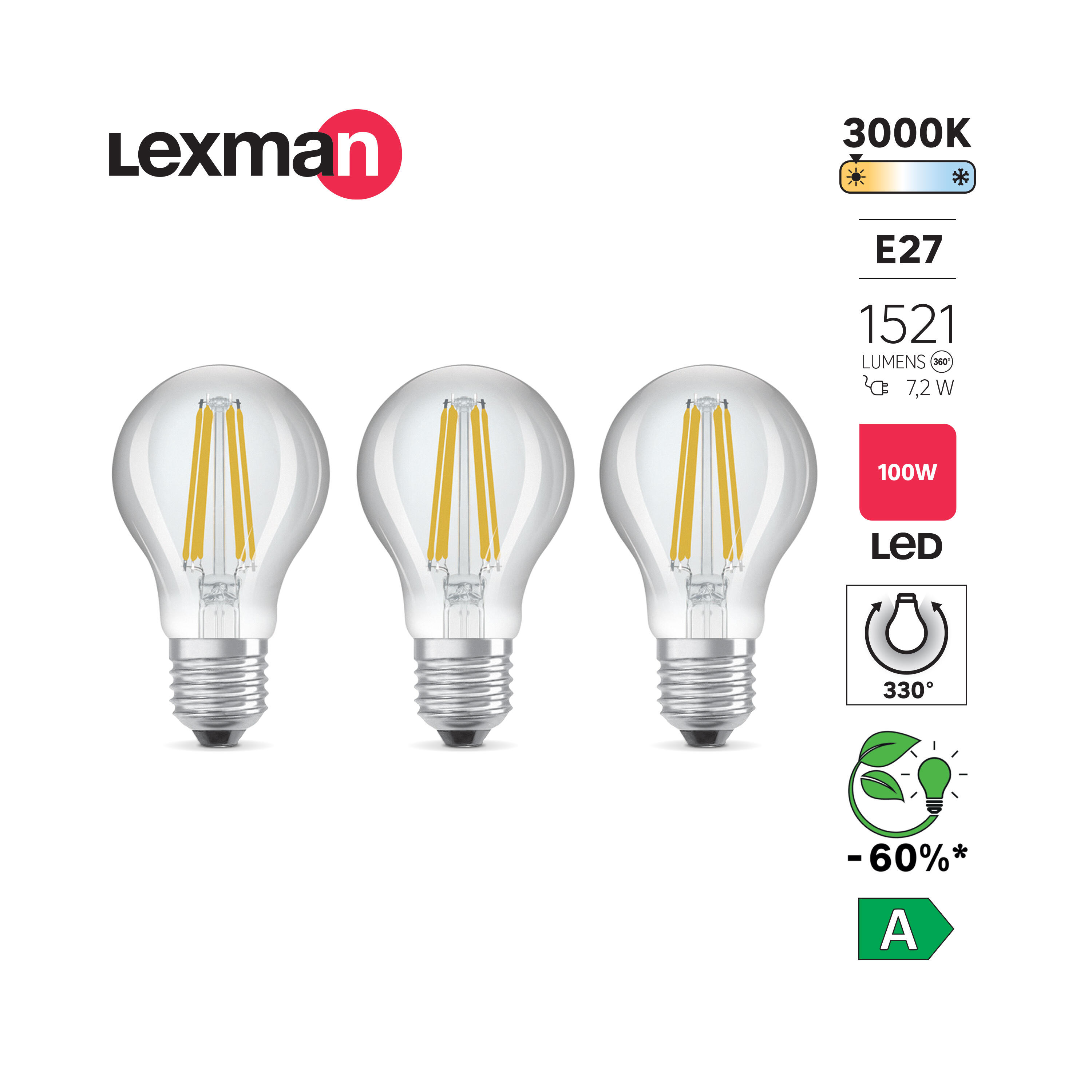 Pack 3 Lâmpadas standard LED filamento E27 1521LM branco vidro Lexman Classe A - 3