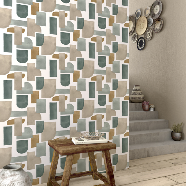 Carta da parati Inspire Josie verde salvia, marrone grigio, 53 cm x 10.05 m