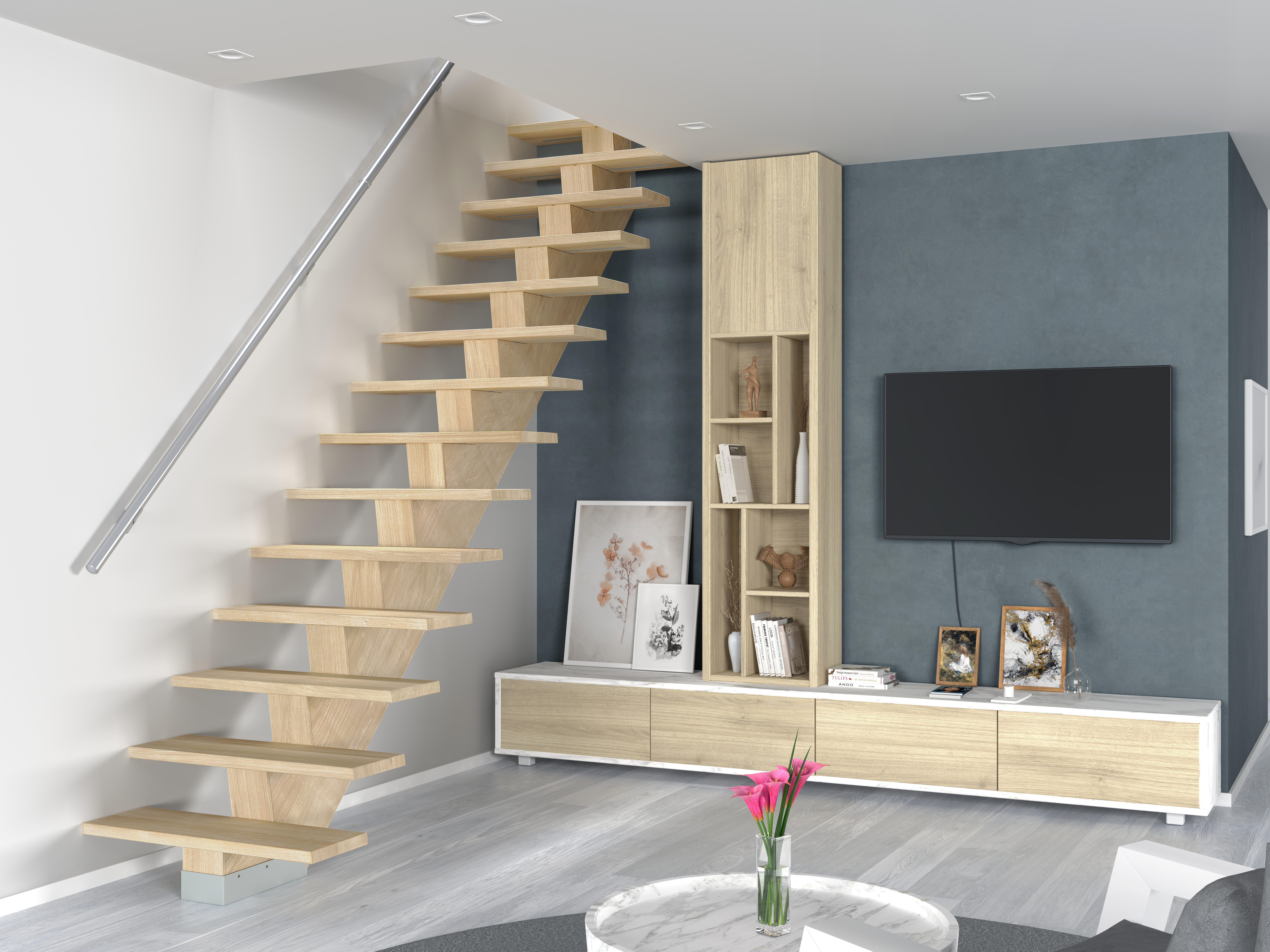 Escalera recta kalea uso interior ancho total 90cm acabado roble sioux