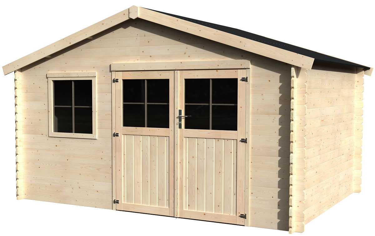 caseta de madera boreal de 419x244x266 cm y 987 m2 con 28 mm espesor y doble puerta abatible decor et jardin