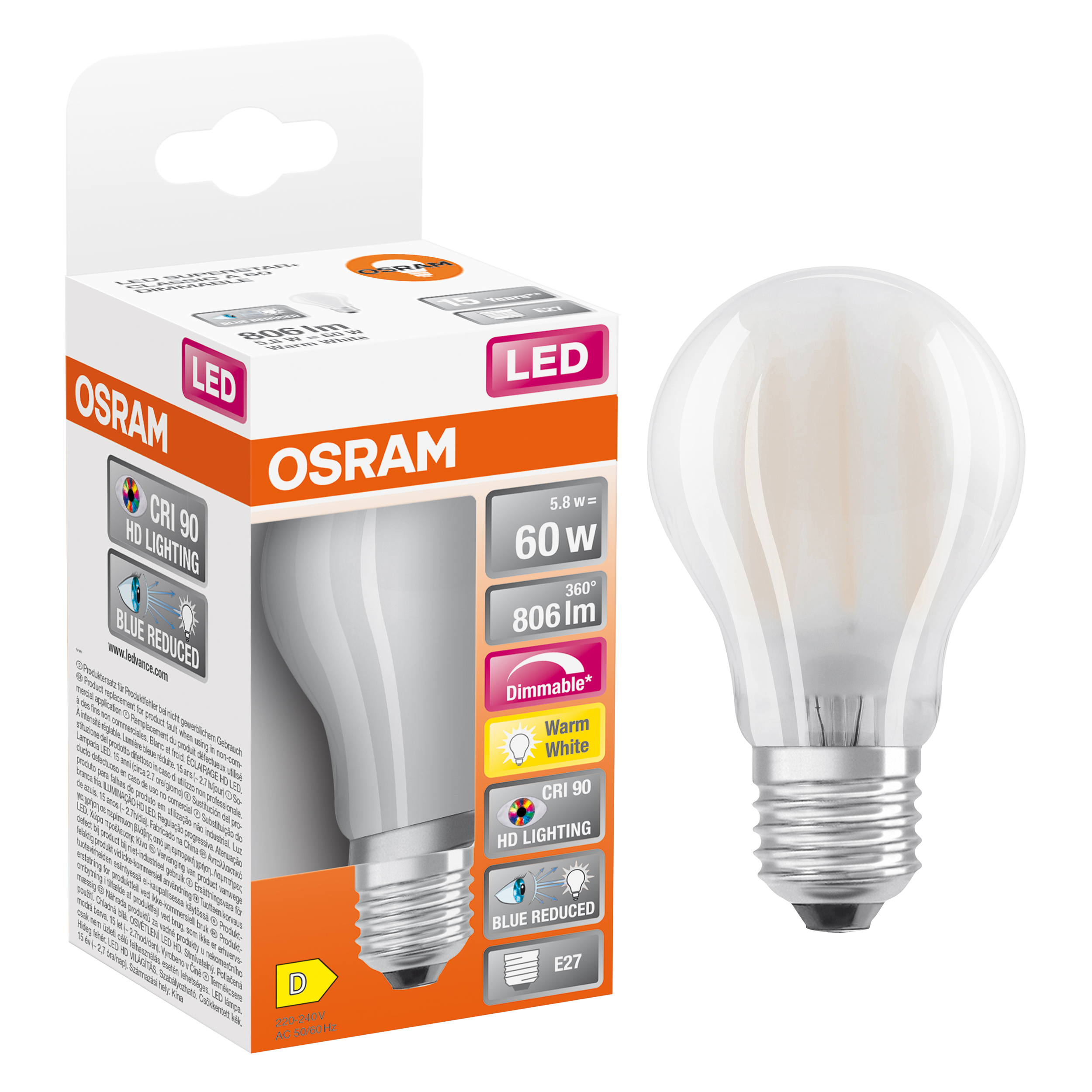 Żarówka LED E27 5,8 W 806 lm Ciepła biel Osram