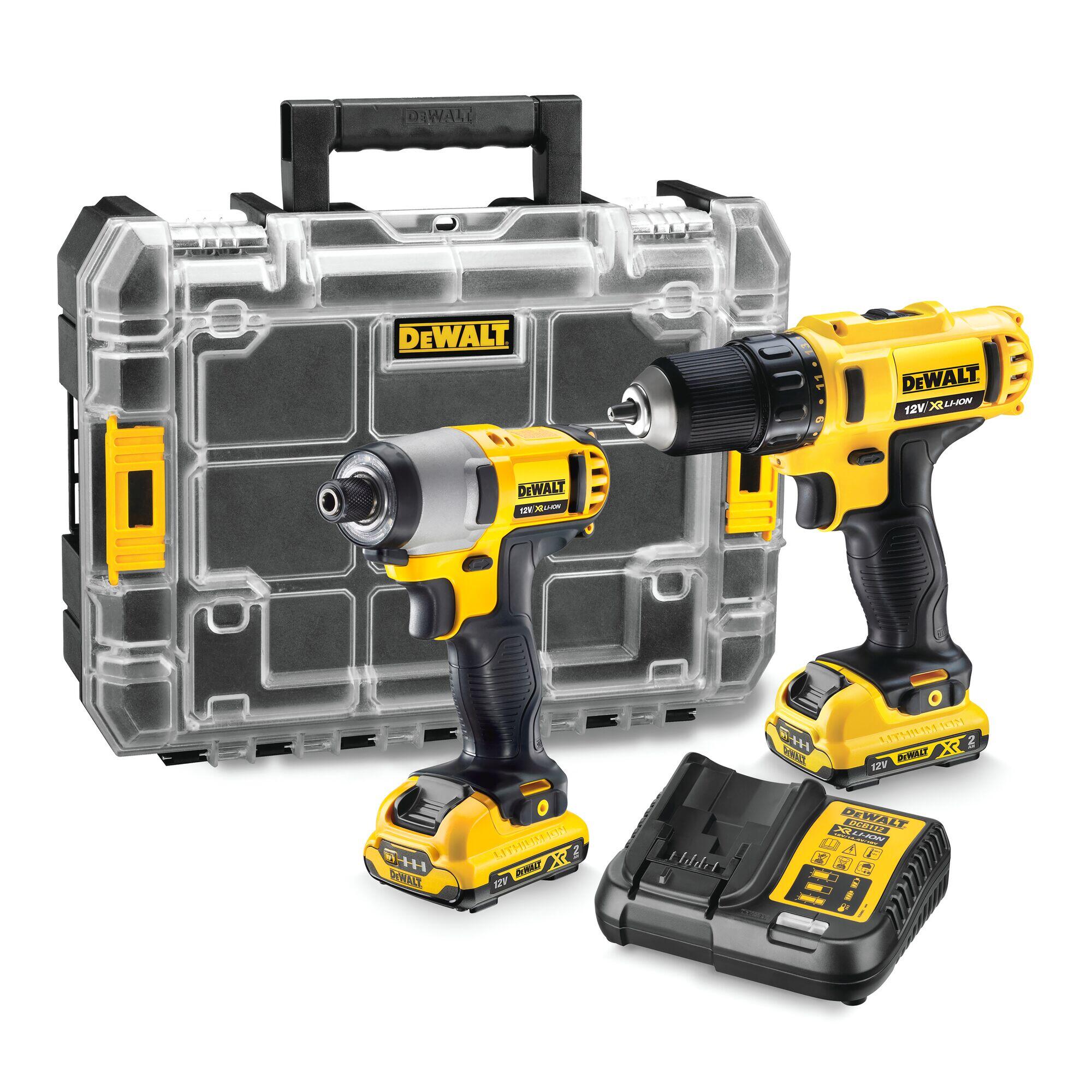 Kit dewalt dck211d2t-qw. taladro percutor + atornillador impacto + 2 baterías 2.0 ah + organizador - compatible con 12 v xr