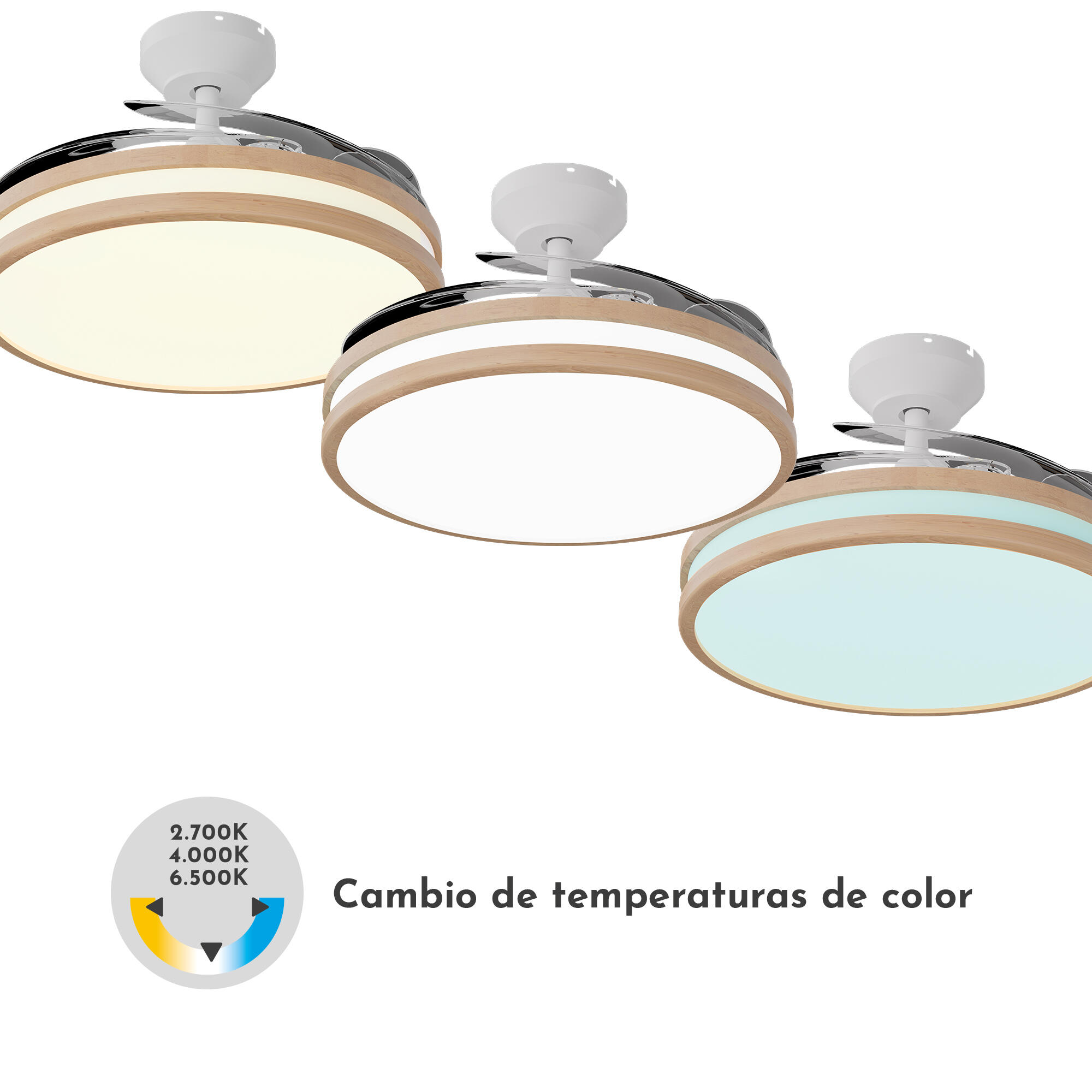 Ventilador de techo con luz silencioso DC 25W con mando ø107 cm Maca ARTE CONFORT blanco luz CCT 4 aspas retráctiles tipo lámpara| 6 velocidades| modo verano/invierno| brisa| recomendado de 13 a 20m² - 5