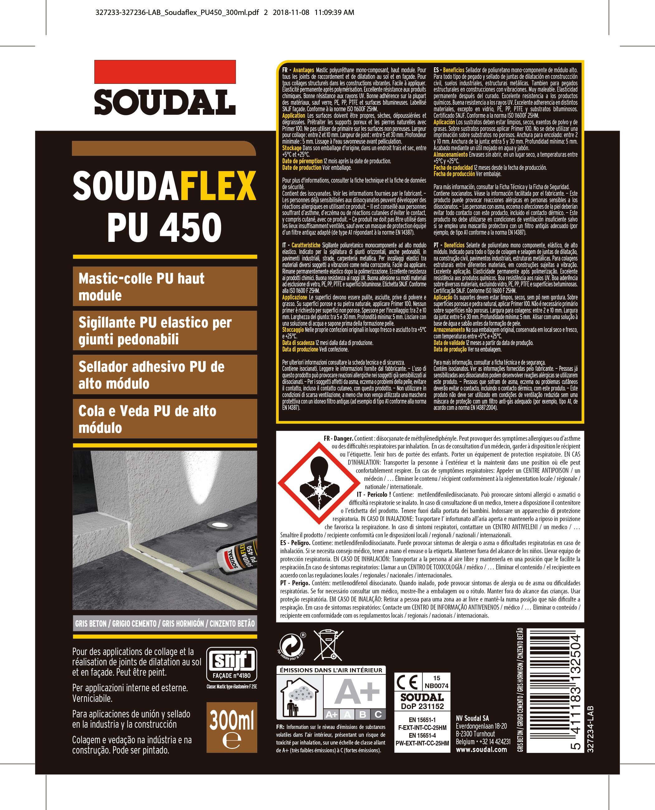 Masilla de poliuretano 450 SOUDAFLEX 300 ml gris hormigón - 4