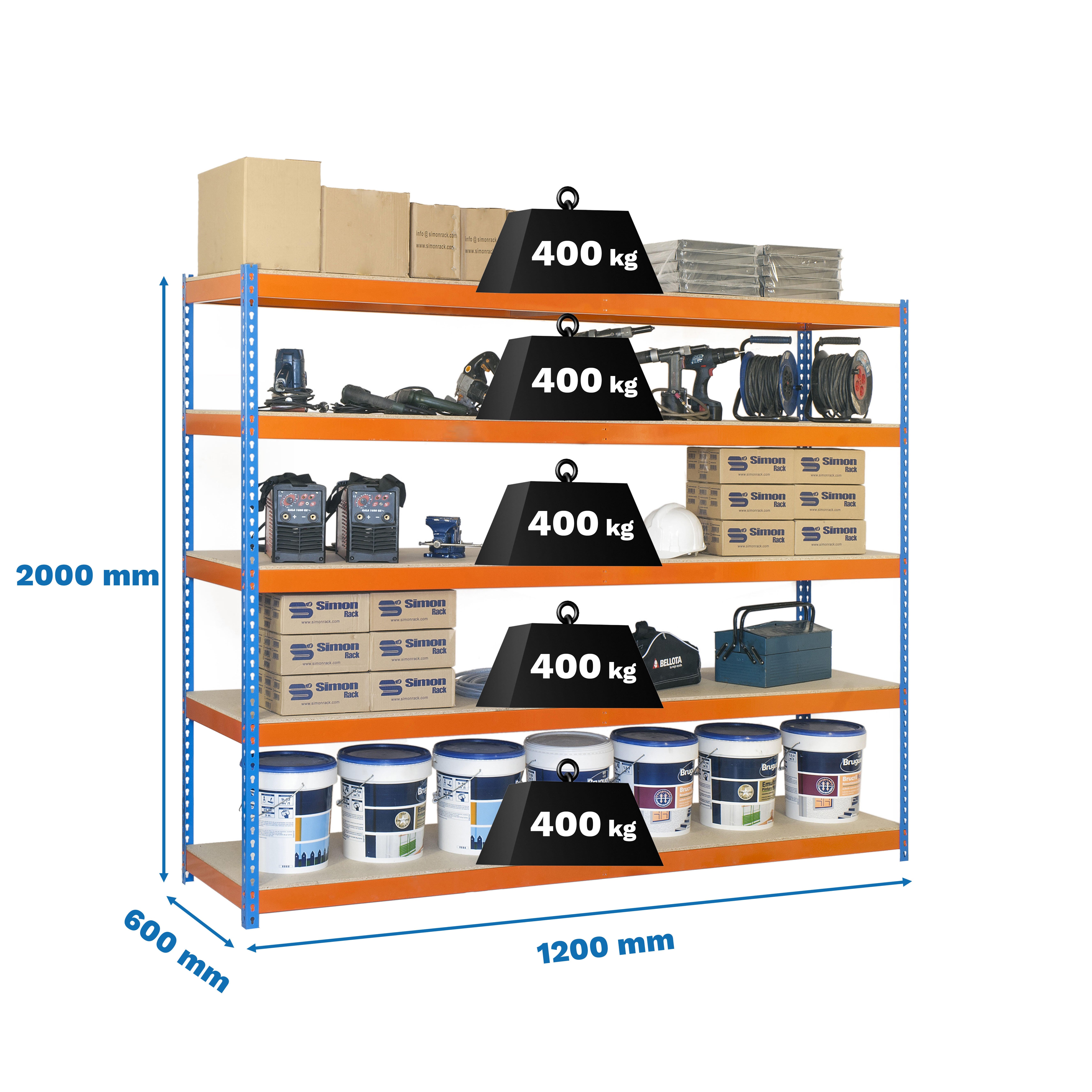 Estantería metálica industrial, 200x120x60 cm, 5 Baldas, 400kg/balda, Azul/Naranja, SimonRack - 6