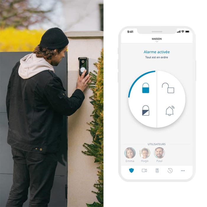 V®500 Connect fait partie de l’écosystème unique des produits Somfy. Depuis 1 seule et même app, « Somfy Protect », vous dissuadez les intrus en simulant votre présence via votre visiophone et en activant vos sirènes / vos caméras de surveillance. 
Vous vivez enfin l’esprit tranquille ! 