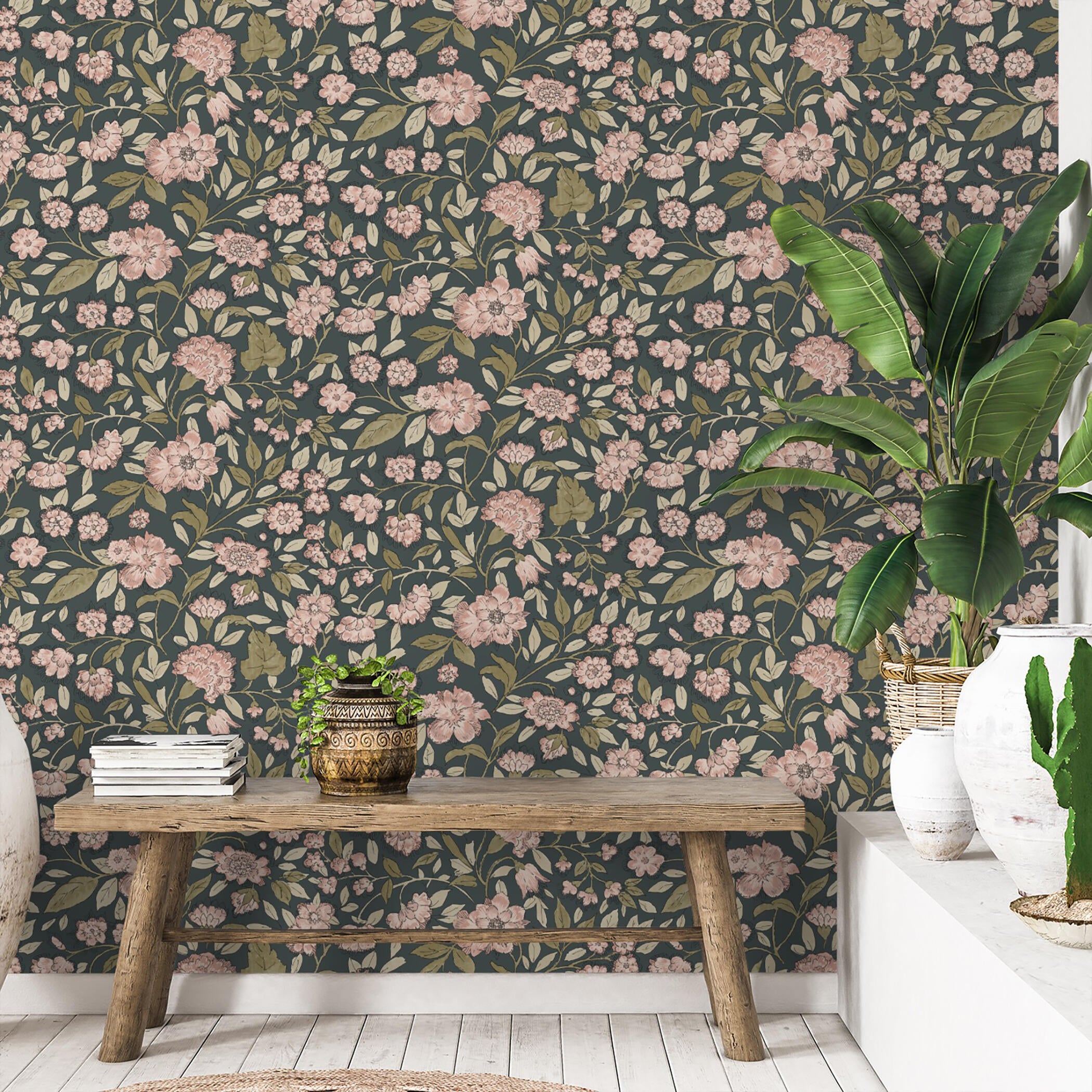 Papel pintado vinilo botánico, plantas o floral verde inspire