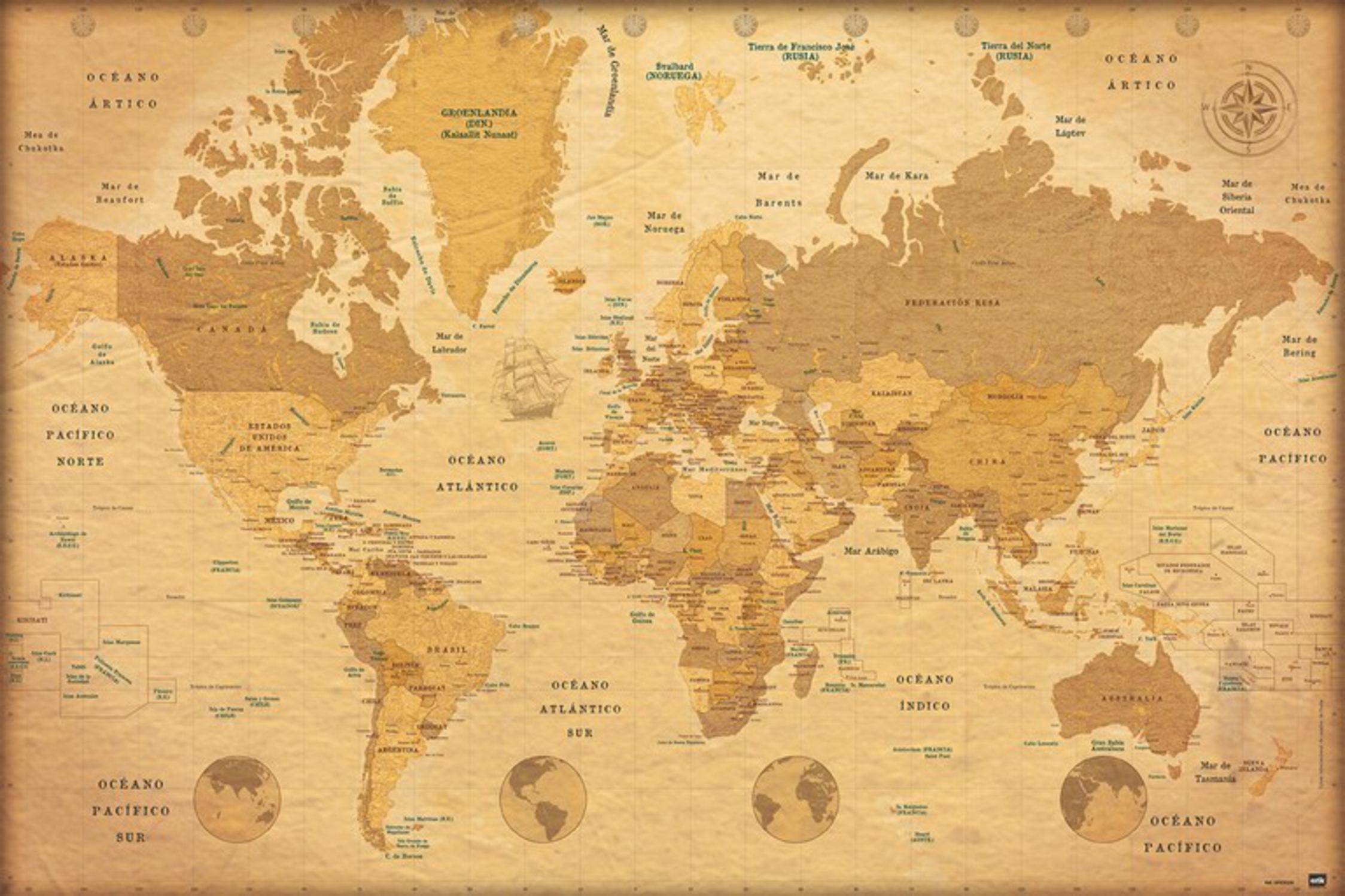 Póster Arte rectangular de 91.5 x 61 cm. Papel Mapa Mundo Es Vintage multicolor - 2