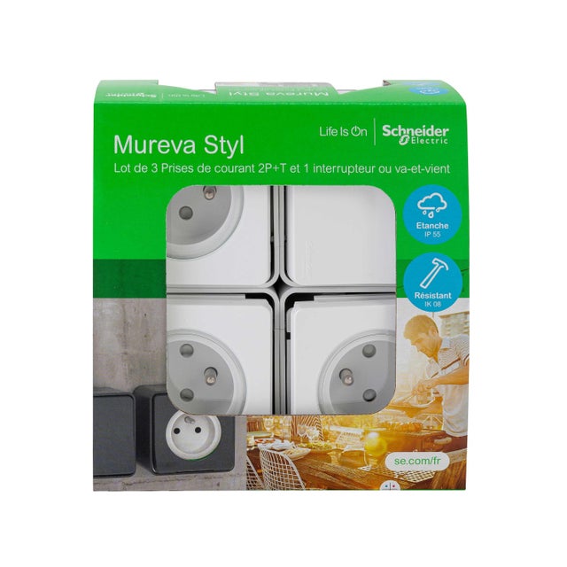 Lot 3 prises avec terre et 1 interrupteur Mureva Styl, SCHNEIDER ELECTRIC, blanc